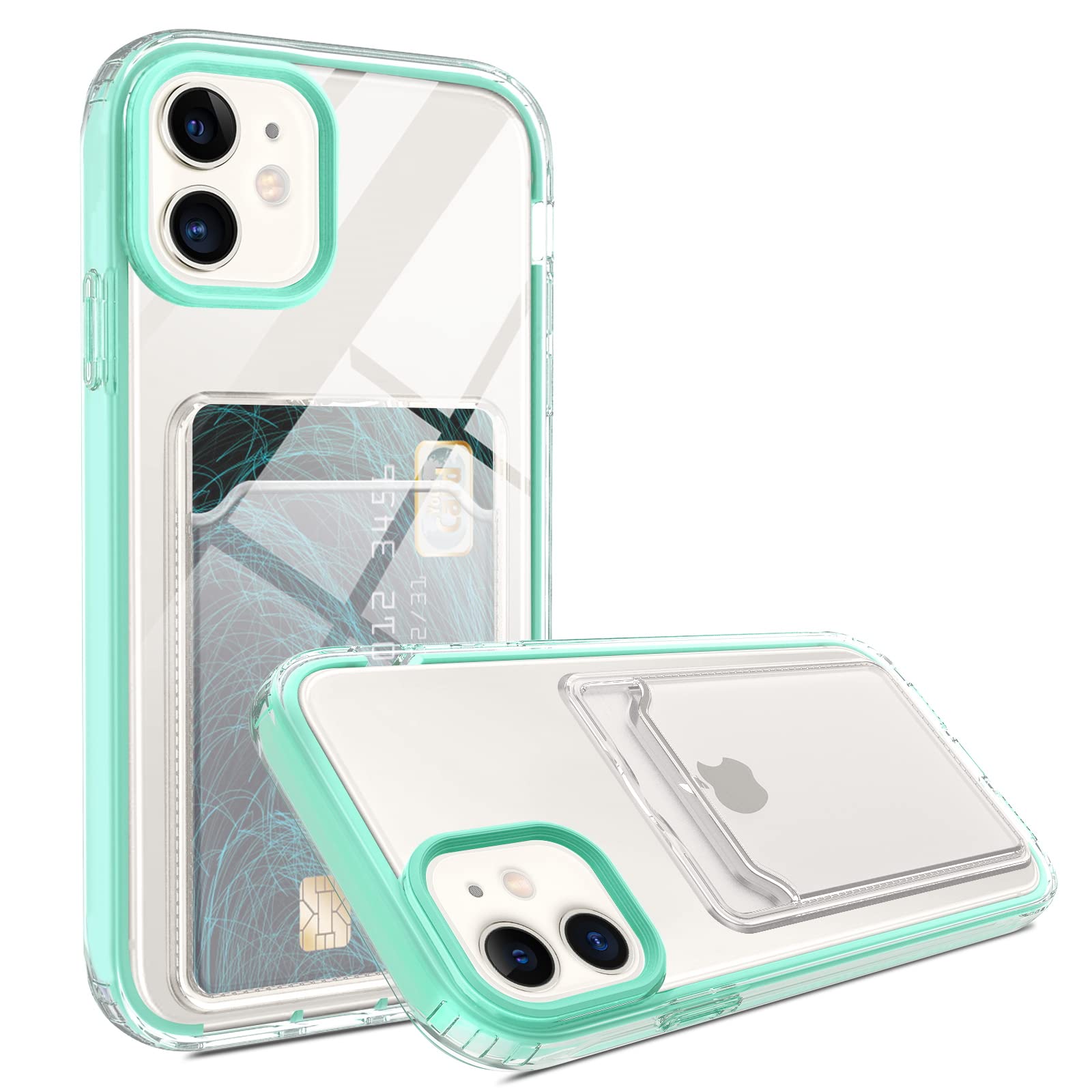 BENTOBEN Clear Transparent Slim Shockproof iPhone 11 Case with Card Holder - Wallet Phone Cover for 6.1 inch iPhone 11 (Clear/Green) | Perfect for Everyday Use, Travel & Hands-Free Convenience