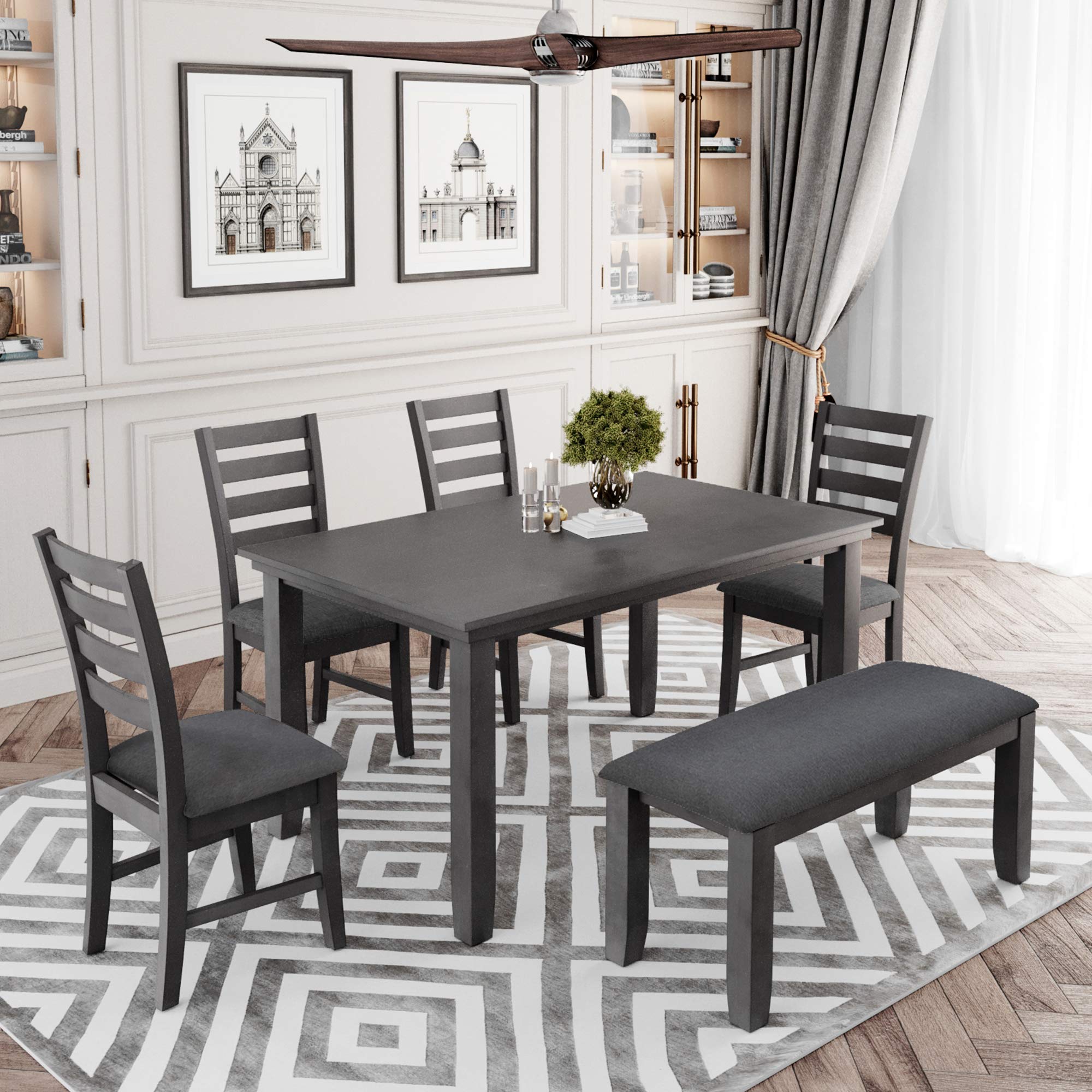 Rustic 6-Piece Wooden Dining Table Set with Upholstered Chairs & Bench - Perfect for Kitchen, Dining Room, and Farmhouse Style Decor | Danxee Home Furniture