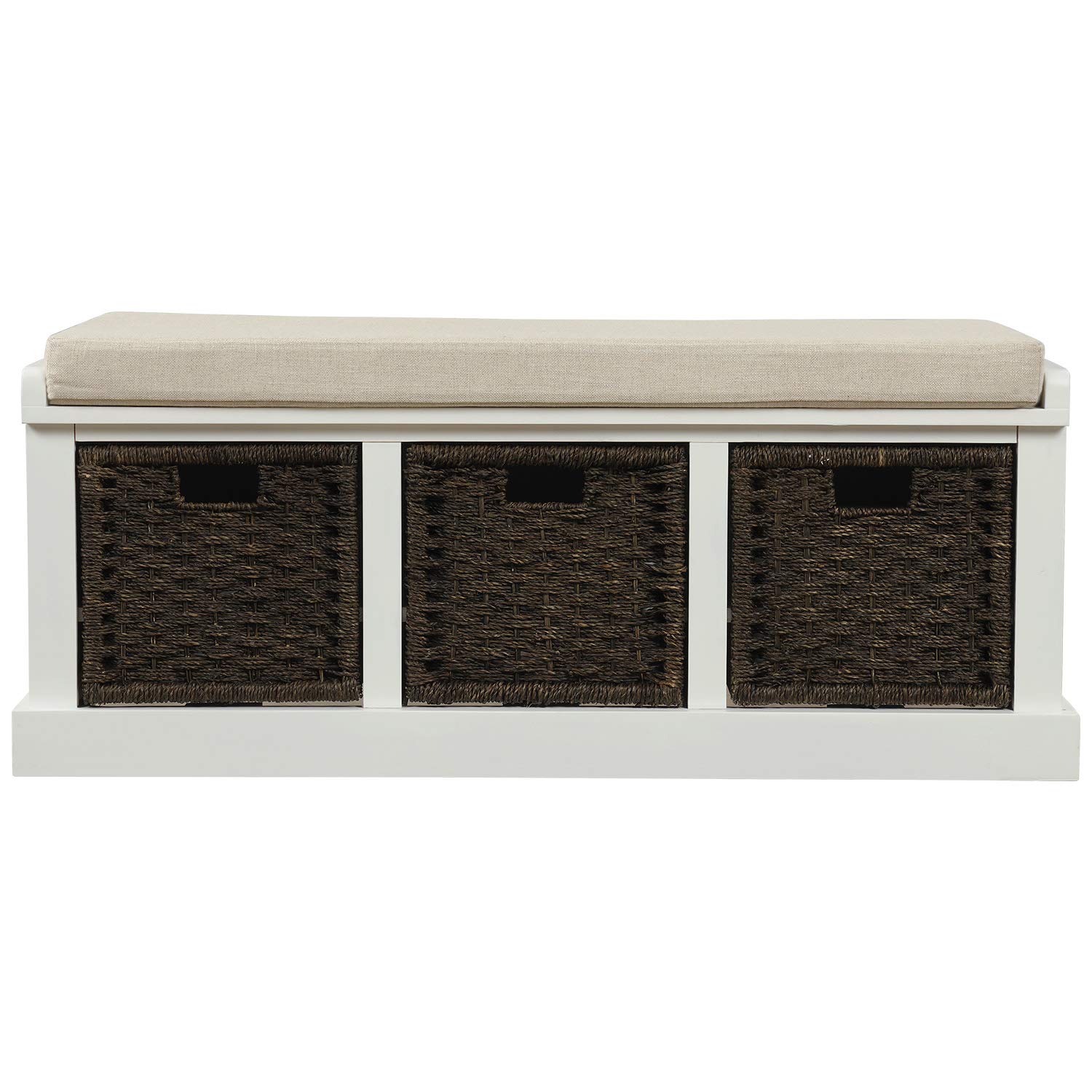 Acacia Wood Frame Rustic Storage Bench with 3 Removable Rattan Baskets & Cushion - Entryway, Living Room, Bedroom Furniture - White Farmhouse Style Bench for Hallway, Foyer & Home Decor
