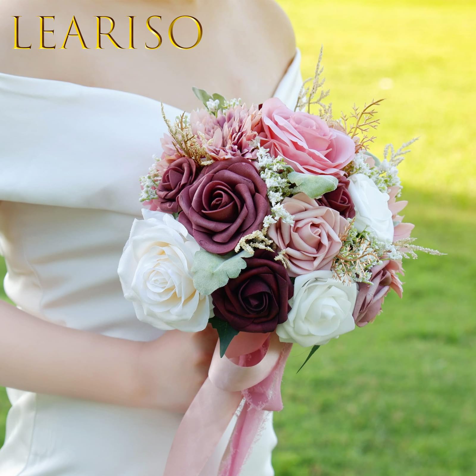 Elegant Dusty Rose Artificial Silk Roses Wedding Bouquet - Realistic Fake Flowers for Bride & Bridesmaids - Perfect for Wedding Ceremony, Bridal Shower & Home Decor