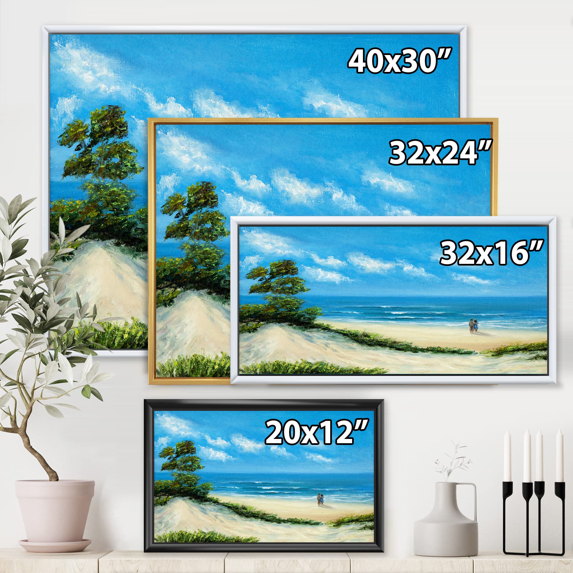 DesignQ Couple At The Beach - Coastal Framed Canvas Wall Art Print for Living Room, Bedroom & Office Decor | Nautical Home Decor | Perfect Housewarming Gift