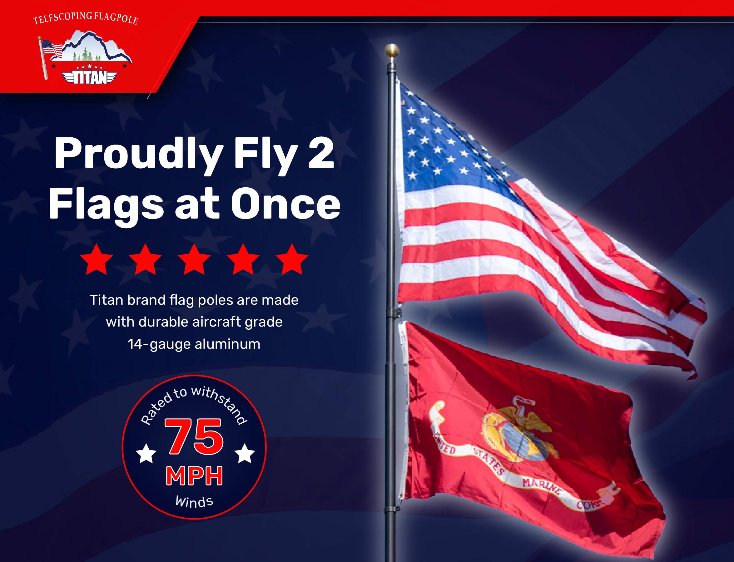 15ft Heavy Duty Telescoping Flag Pole Kit - Anodized Aluminum Silver Flagpole Made in USA with 3x5 American Flag & Dual Flag Hardware | Perfect for Residential, Commercial & Patriotic Events