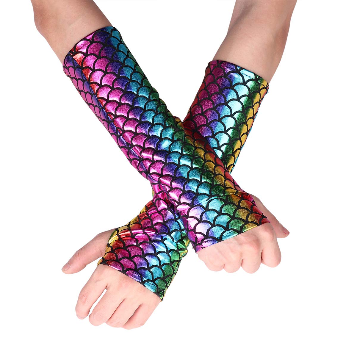 Shimmery Mermaid Arm Sleeves Fingerless Long Gloves - Halloween Costume Accessory for Masquerade Party, Cosplay & Dance Performance (Pair) | Perfect for Costume Parties, Stage Performances and Fantasy Photography