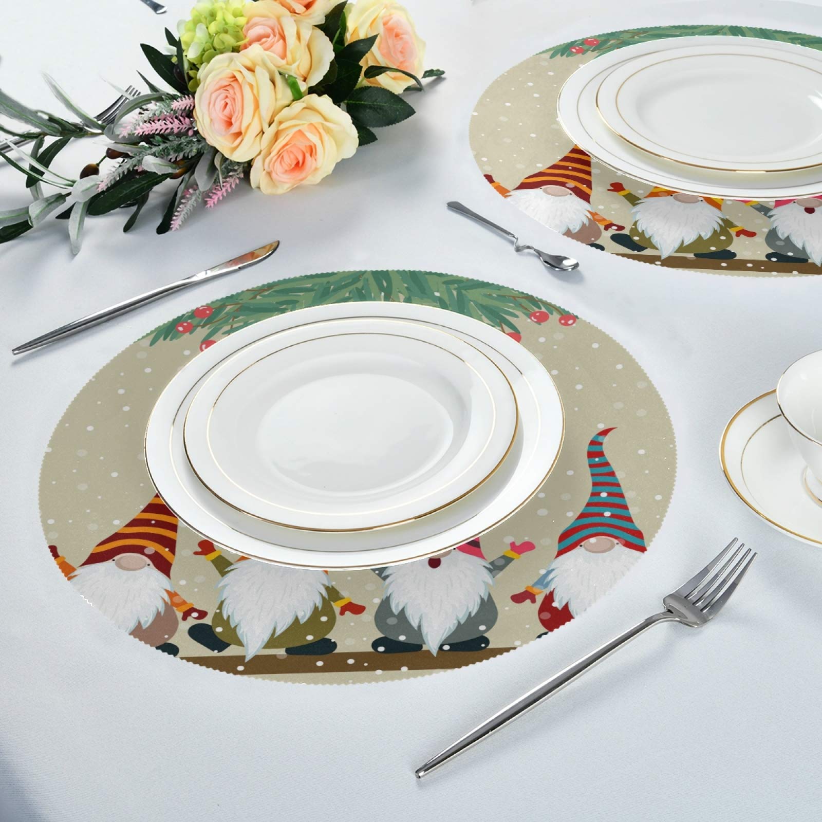 Festive Gnome Christmas Round Placemats Set of 6 - Non-Slip Heat Resistant Washable Dining Table Mats for Holiday Decor & Family Gatherings
