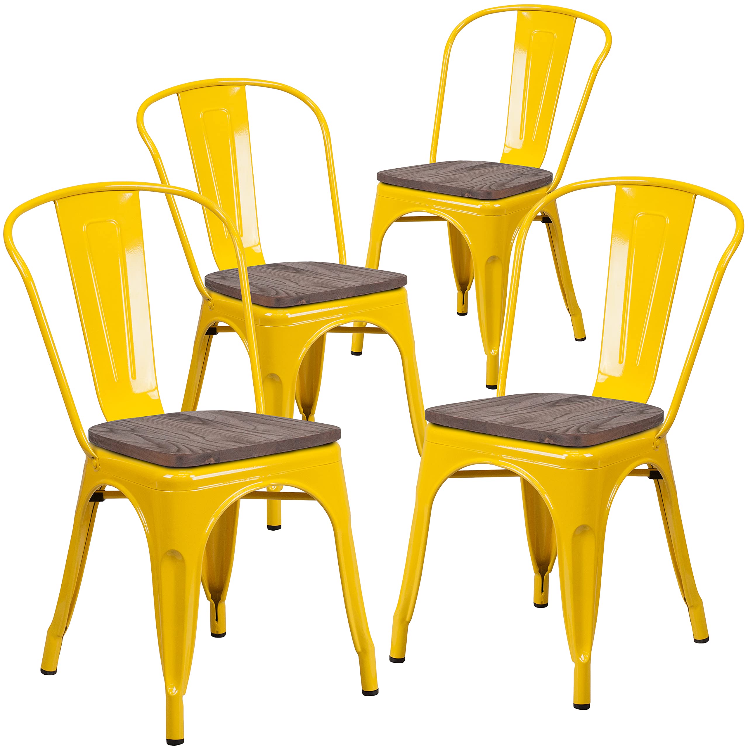 4 Pack Yellow Metal Stackable Chairs with Wood Seat - Commercial Restaurant & Bistro Chairs for Indoor/Outdoor Dining, Cafes, and Events