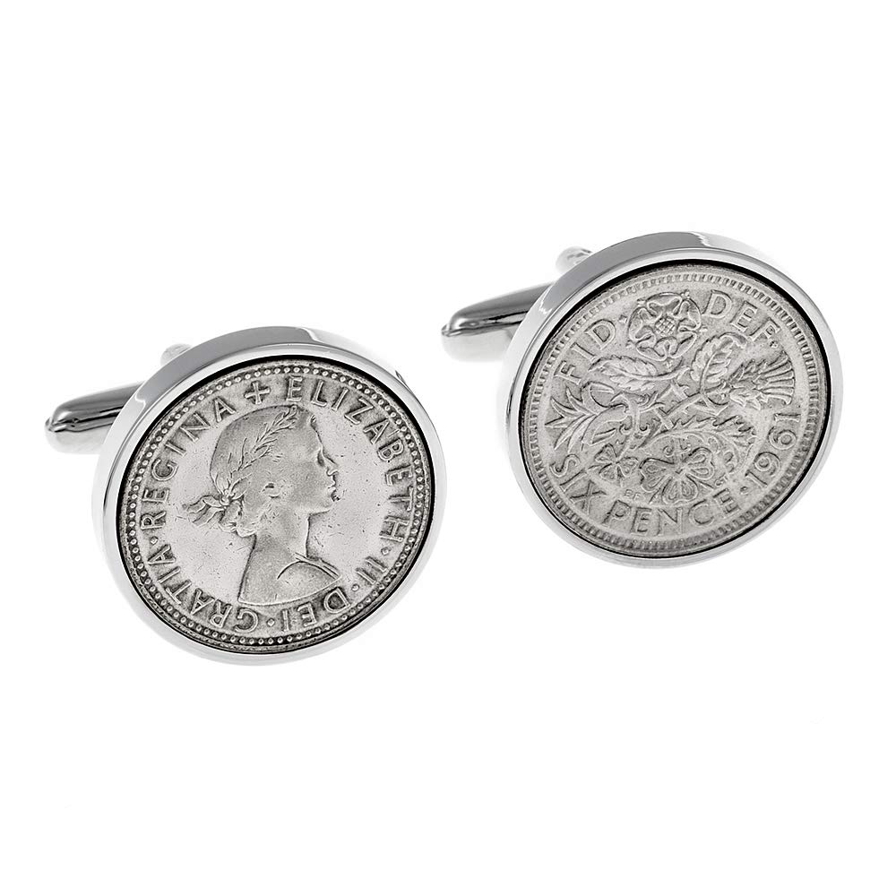 Vintage 1961 English Sixpence Rhodium-Plated Cufflinks - Elegant Men's Dress Accessories for Weddings, Anniversaries & Birthday Gifts