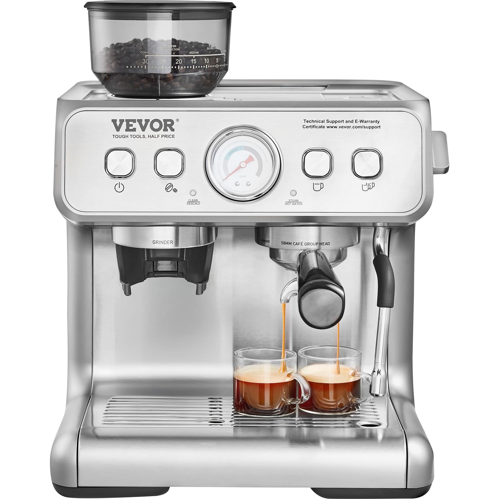 VEVOR 15 Bar Semi-Automatic Espresso Coffee Maker with Built-in Grinder & Milk Frother, Removable Water Tank, PID Control System - Perfect for Home Baristas to Make Cappuccino, Latte, Macchiato - Ideal for Kitchen, Office, Coffee Shop Use
