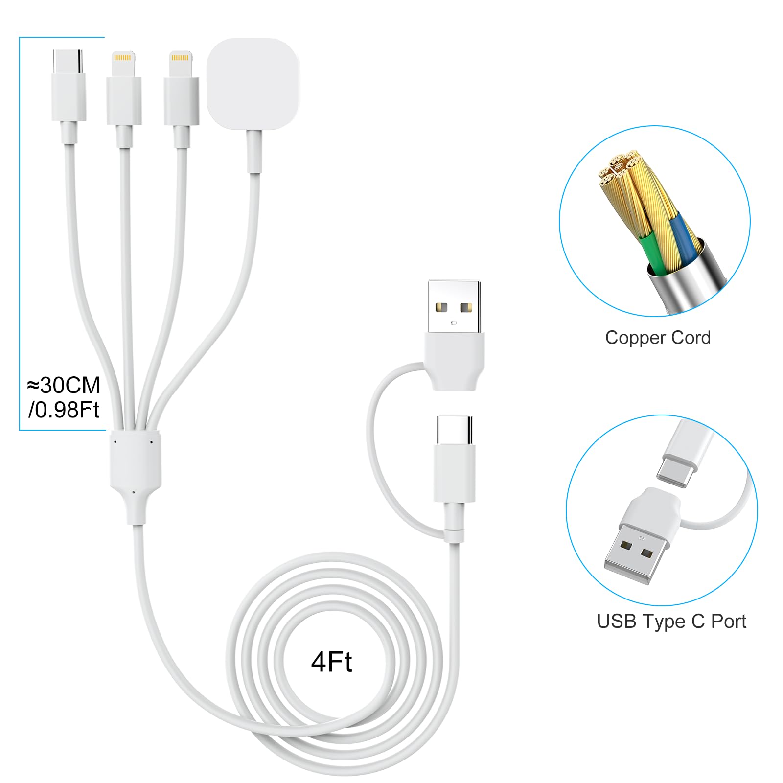 4-in-1 USB C Fast Charging Cable for Apple Watch Series 3/4/5/6/7/8/SE/Ultra, iPhone & AirPods - 6FT/1.8M Portable Wireless Charger Cord - Perfect for Travel, Office & Home Use