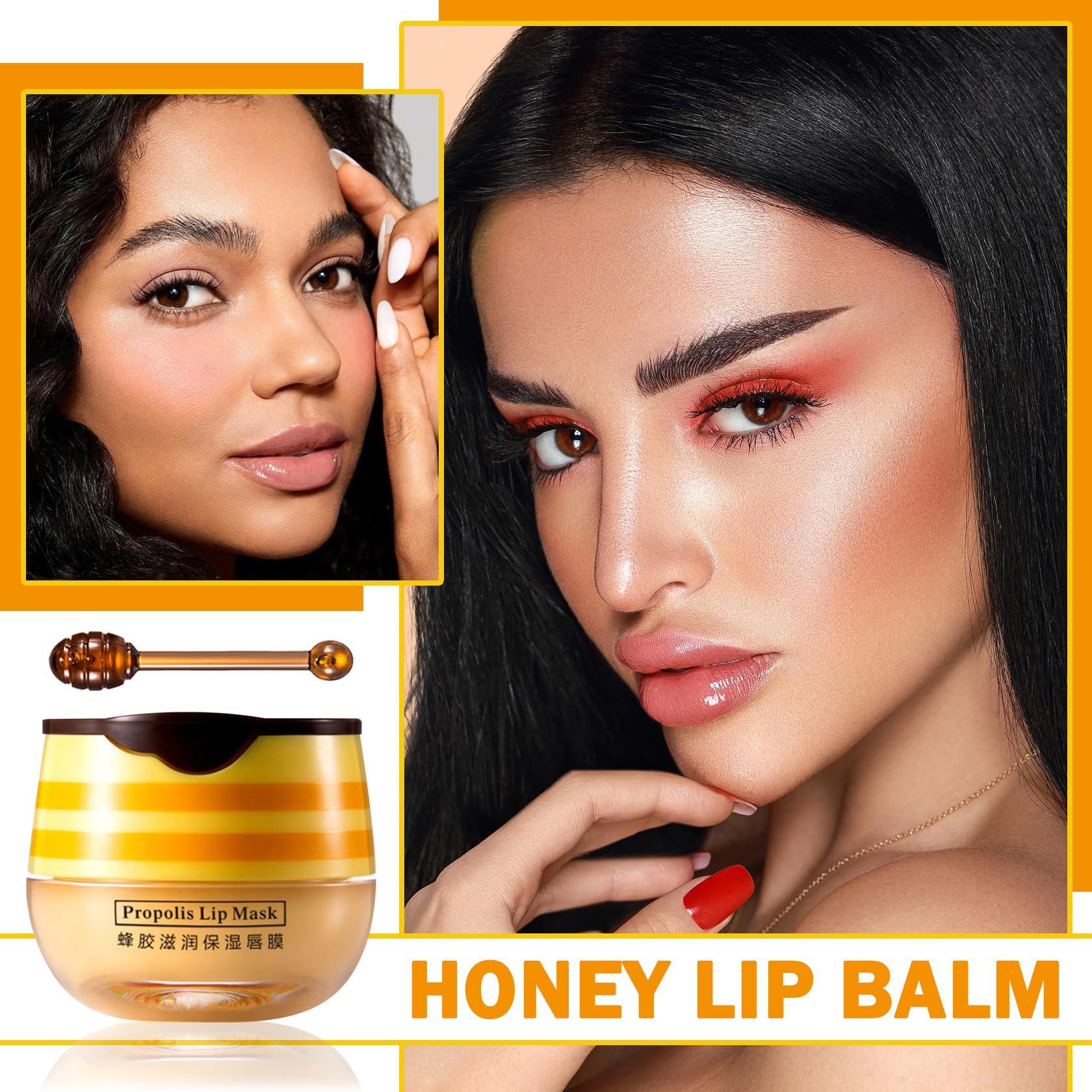 Honey Propolis Lip Balm for Dry & Cracked Lips - Moisturizing Lip Treatment with Hydrating Formula to Reduce Lip Lines & Exfoliate - Includes Lip Brush for Overnight Sleeping Mask | Perfect for Winter Care & Daily Lip Hydration