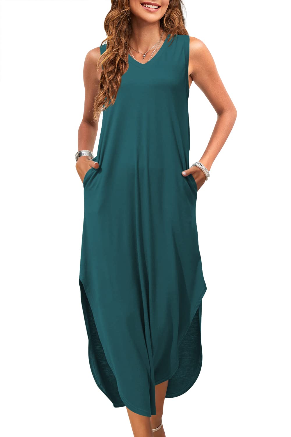 ReachMe Women's Casual V-Neck Side Split Sleeveless Maxi Dress with Pockets - Summer Beach Cover Up, Vacation Outfit, Boho Chic Dress for Pool Party & Date Night