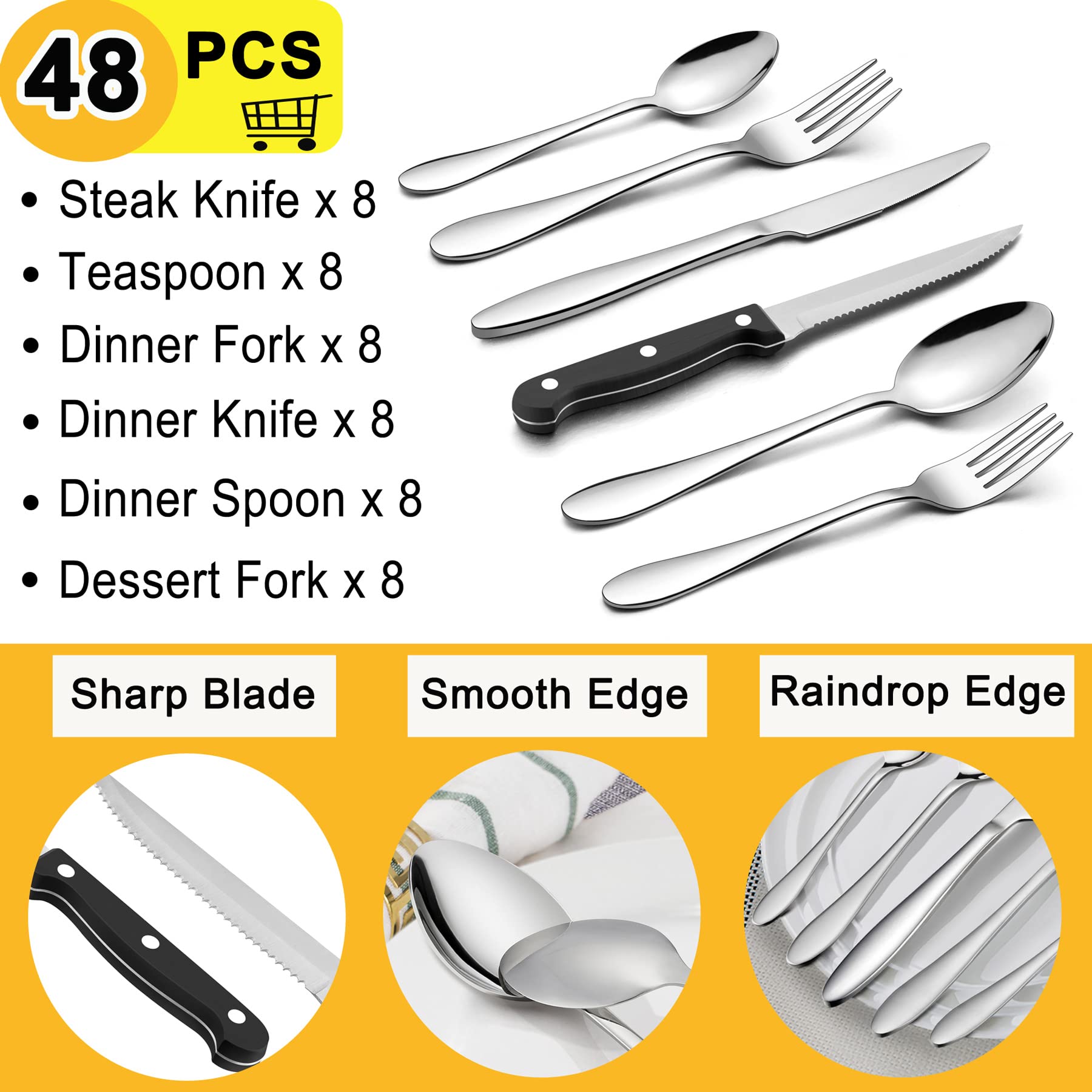 48-Piece Stainless Steel Silverware Set for 8 with Steak Knives - Complete Flatware Cutlery Set Includes Forks, Knives & Spoons - Dishwasher Safe - Perfect for Dinner Parties, Restaurants & Everyday Dining