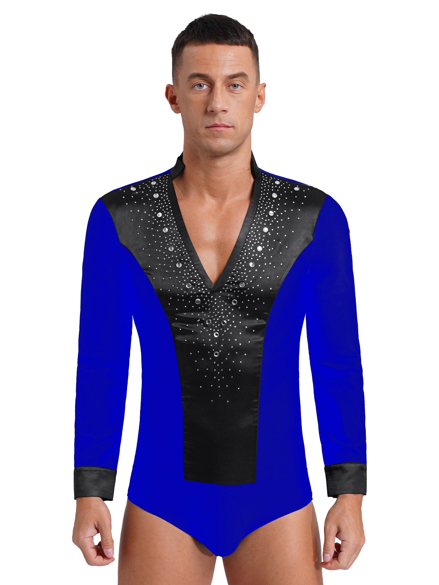 Men's Shiny Rhinestone V-Neck Latin Dance Shirt - Ballroom, Cha Cha, Rumba, Samba & Jazz Performance Costume | Perfect for Dance Competitions, Stage Shows & Social Dancing Events
