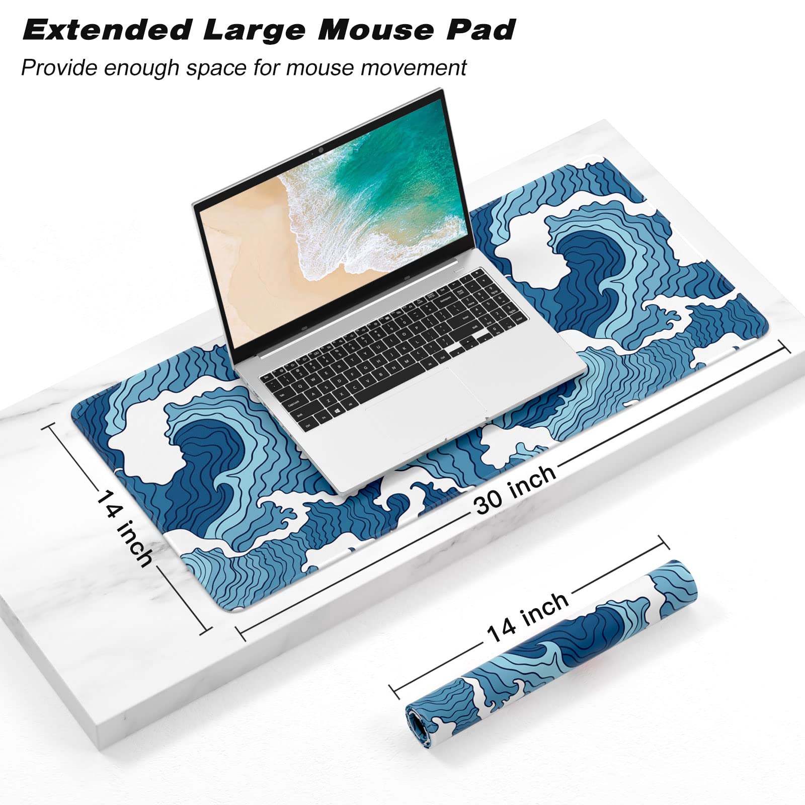 Japanese Wave Design Extended Gaming Mouse Pad - 30x14 Inch XL Large Desk Mat, Non-Slip Base & Stitched Edges, Waterproof Anime Mousepad for PC, Laptop, Office & Gaming Setup - Perfect for Gamers, Streamers & Home Office Workspaces