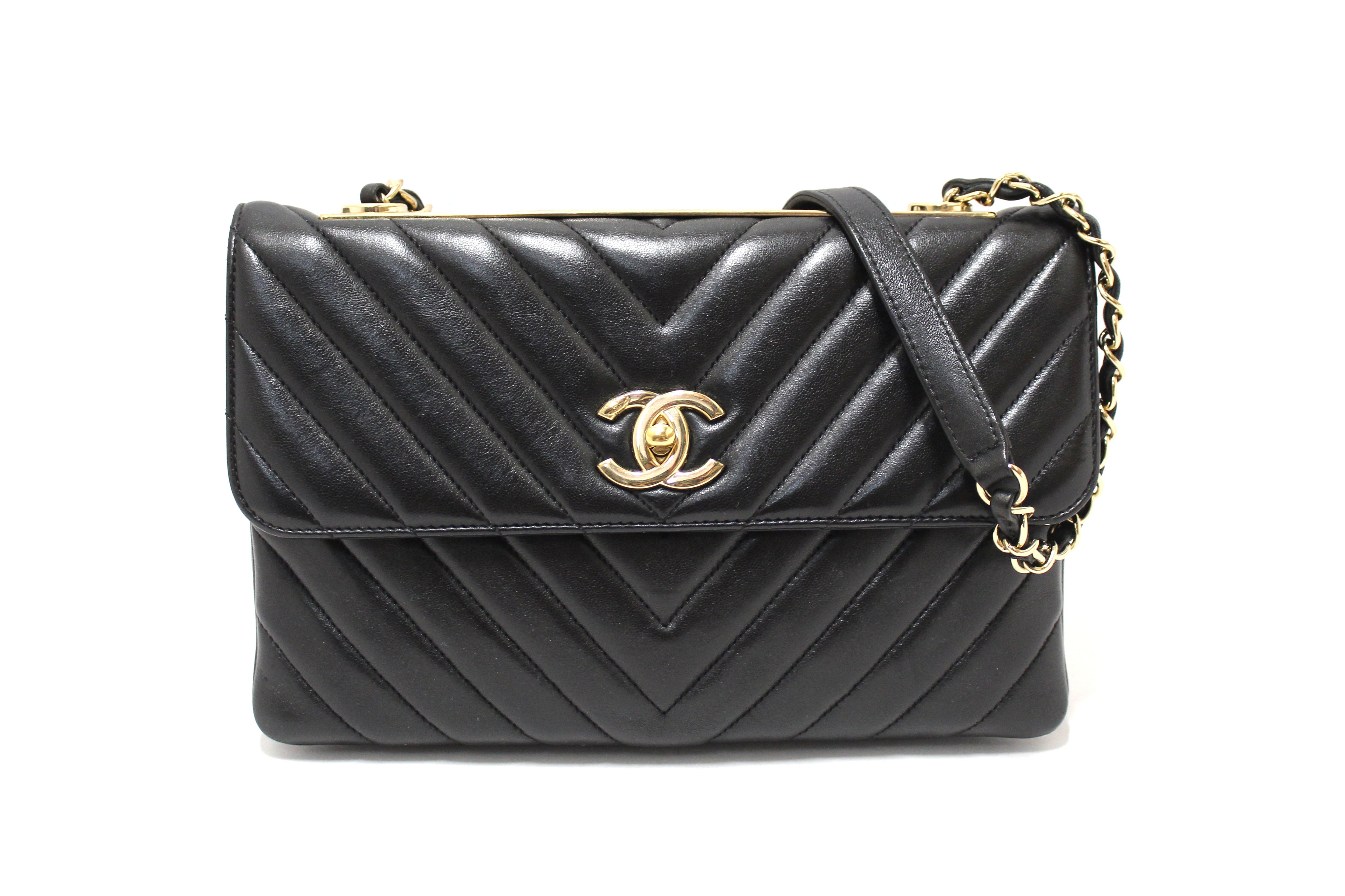 Authentic Chanel Black Chevron Lambskin Leather Medium Trendy CC Flap Shoulder Bag - Luxury Designer Handbag for Women, Perfect for Work, Parties & Special Occasions