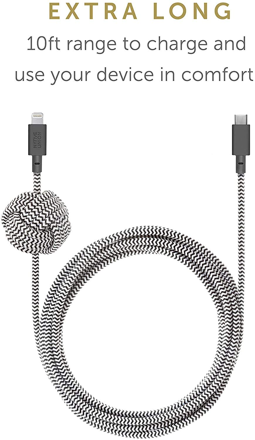 Native Union Night Cable - 10ft Ultra-Strong Reinforced Durable USB-C to Lightning [MFi Certified] Charging Cable with Weighted Knot - Compatible with iPhone 14/13/12/11/X/8 & Earlier - Perfect for Bedside, Office & Travel Charging (Zebra Design)