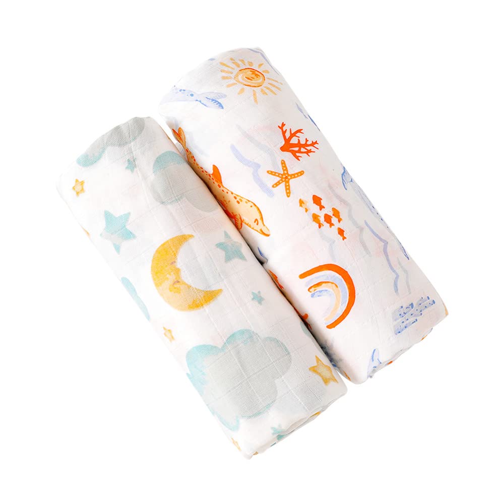 Karitree 2 Pack Muslin Swaddle Blankets - Ultra Soft Bamboo Cotton Baby Blankets for Newborn Boys & Girls | Breathable Receiving Blanket 47x47 Inches with Moon Dolphin Print | Perfect for Swaddling, Nursing, Stroller & Photo Shoots