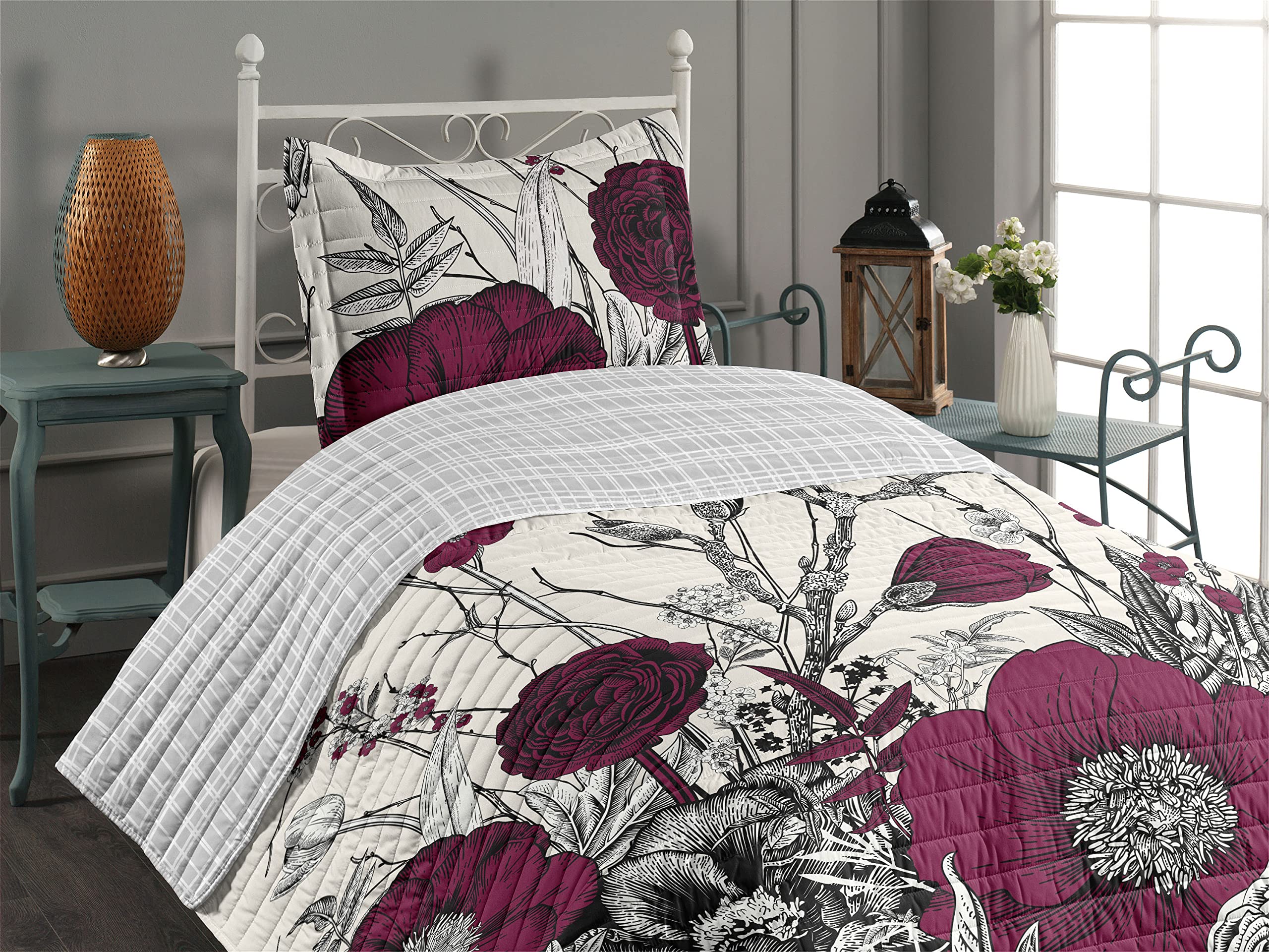 Ambesonne Reversible Dogwood Flower Bedspread Set - Twin Size, Raspberry | Retro Cherry Blossom & Peony Floral Design | Microfiber Comforter with Pillow Shams | Perfect for Spring Bedroom Decor & Guest Room Makeover