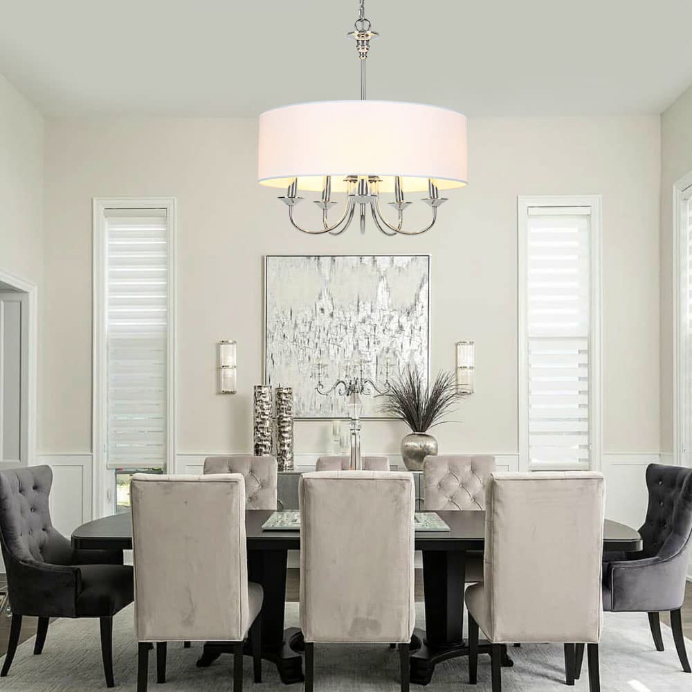 5-Light Traditional Chandelier with White Linen Drum Shade - Elegant Ceiling Light Fixture for Dining Room, Living Room, Kitchen | Perfect for Home Decor, Wedding Venues and Restaurant Lighting