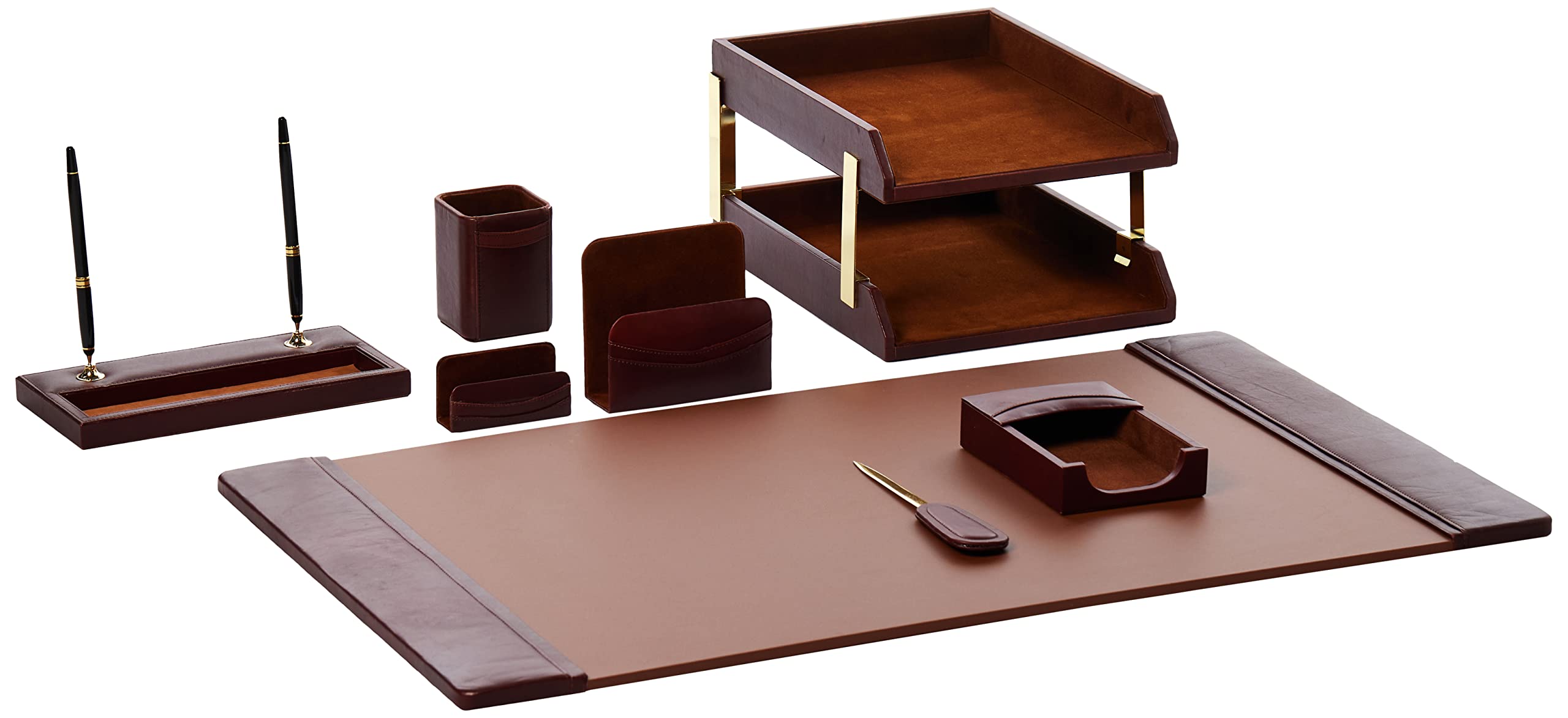 Premium Dacasso 10-Piece Mocha Leather Desk Set (D3020) - Executive Office Organizer with Pen Holder, Letter Tray & Notepad for Home & Business Workspaces