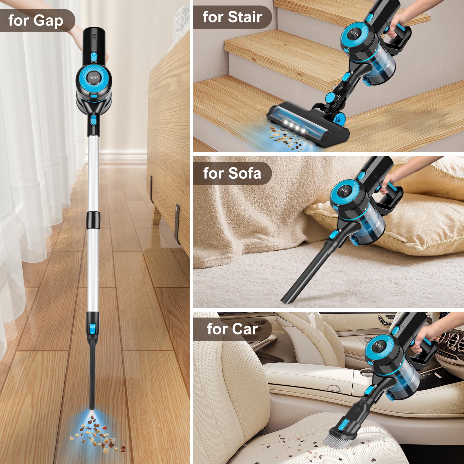 8-in-1 Cordless Stick Vacuum Cleaner with 30Kpa Super Suction & 60 Min Runtime - Detachable Battery for Hardwood Floors & Pet Hair - Lightweight Blue Vacuum for Home, Office & Car Cleaning