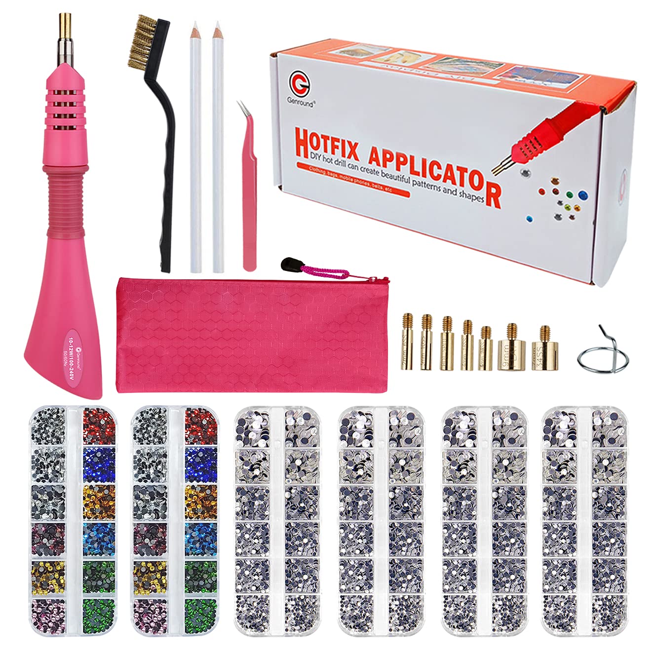 Hotfix Applicator Tool Kit - Genround Bedazzler with Rhinestones, Iron-on Wand, 6 Boxes Round Crystal Gems, Storage Box, Tweezer & Picking Pen for DIY Clothing, Costumes & Fashion Accessories Decoration