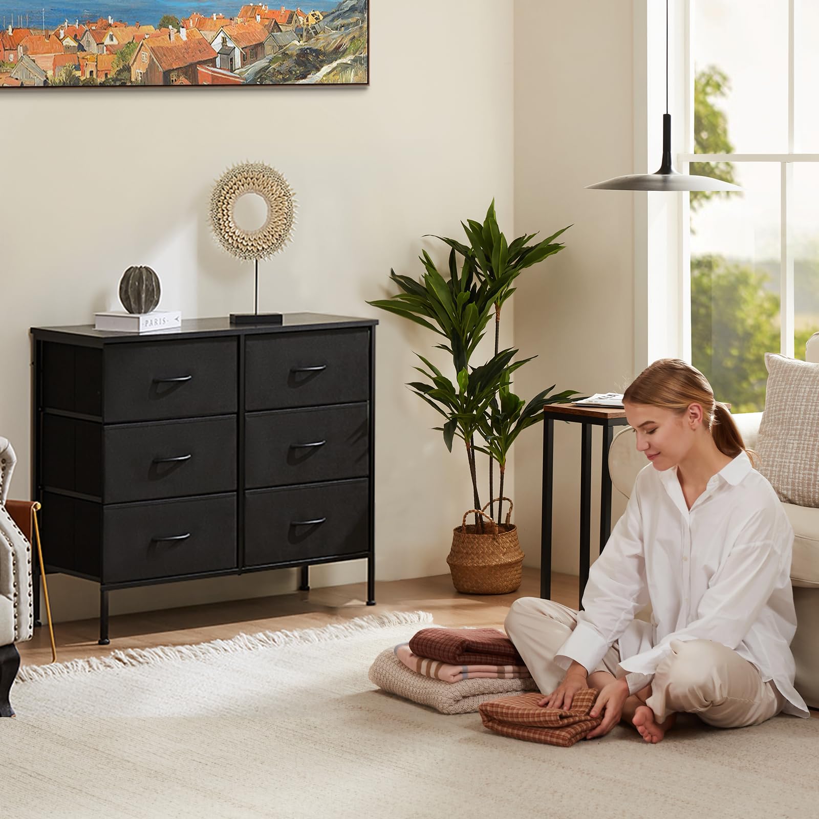 6-Drawer Fabric Dresser for Bedroom & Closet - Black Storage Tower with Wood Top | Space-Saving Organizer for Small Spaces