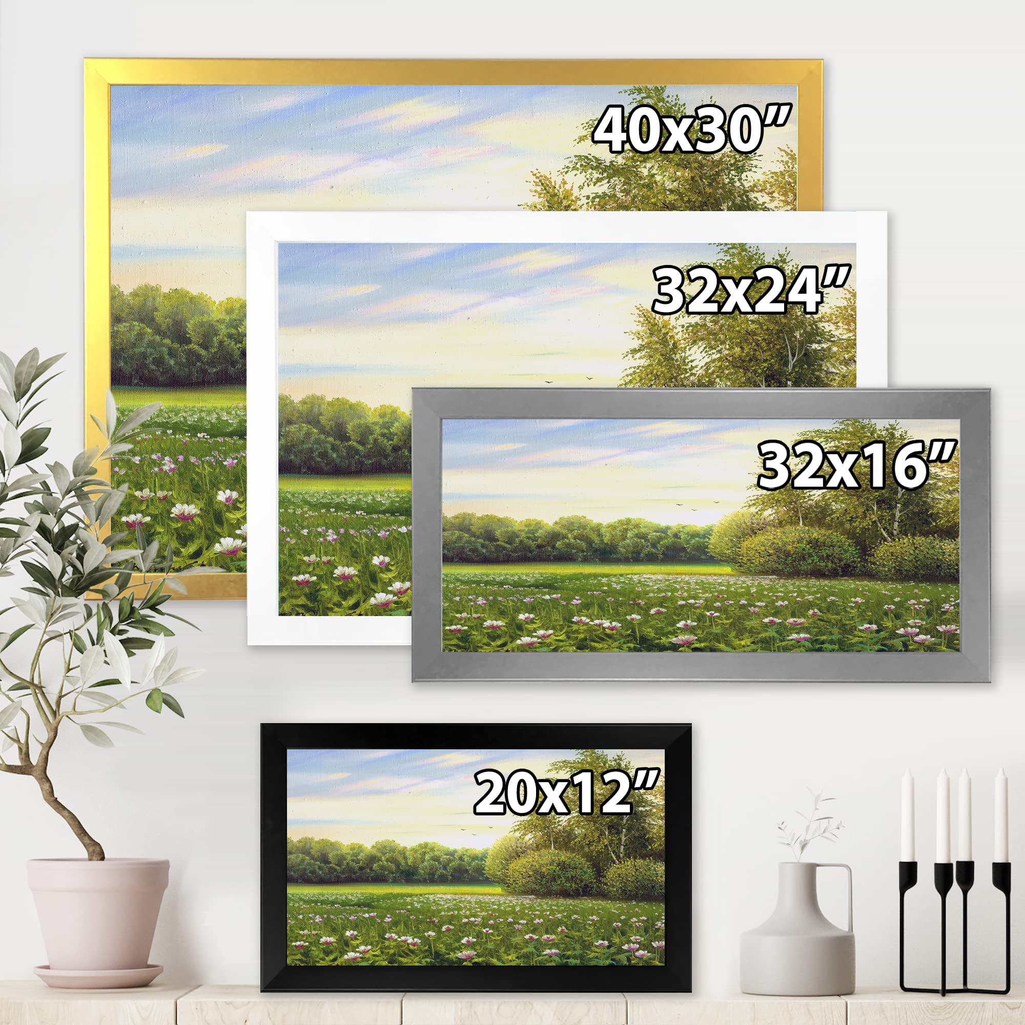 DesignQ Spring Trees By The Meadows Framed Country Wall Art - Rustic Landscape Painting for Living Room, Bedroom & Office Decor