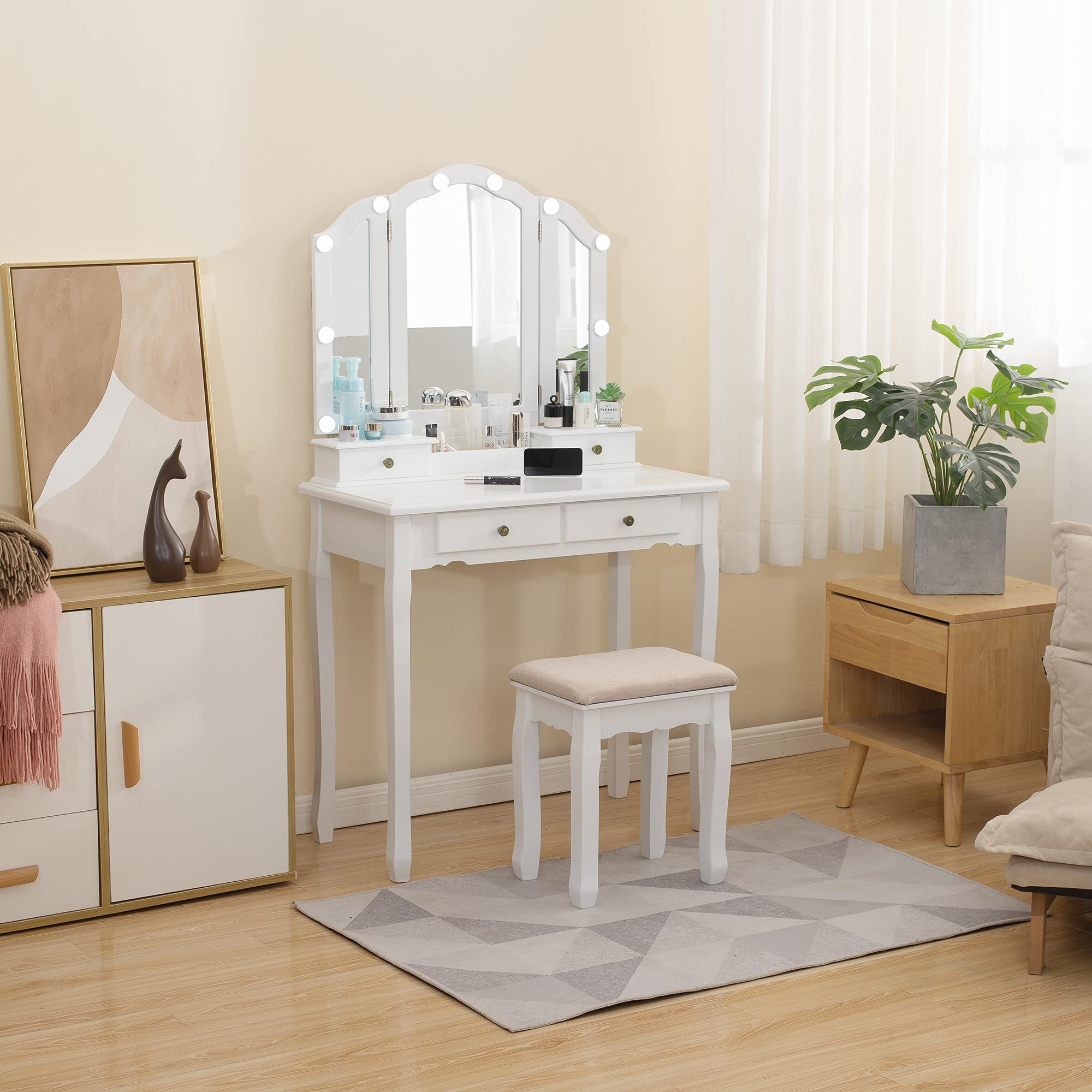 Caroeas White Tri-Fold Makeup Vanity Set with LED Lights - Solid Wood Vanity Table with Mirror, Padded Stool, 4 Drawers & Storage Compartments - Perfect for Bedroom, Dressing Room & Beauty Salon