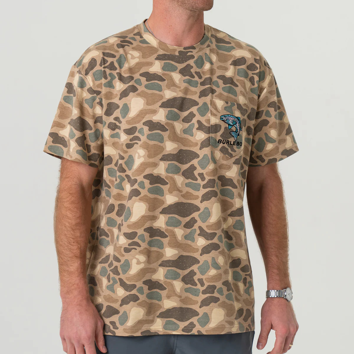 Burlebo Jumping Trout Pocket T-Shirt for Men - Comfortable Graphic Tee with Front Pocket - Perfect for Fishing, Outdoor Adventures & Casual Wear