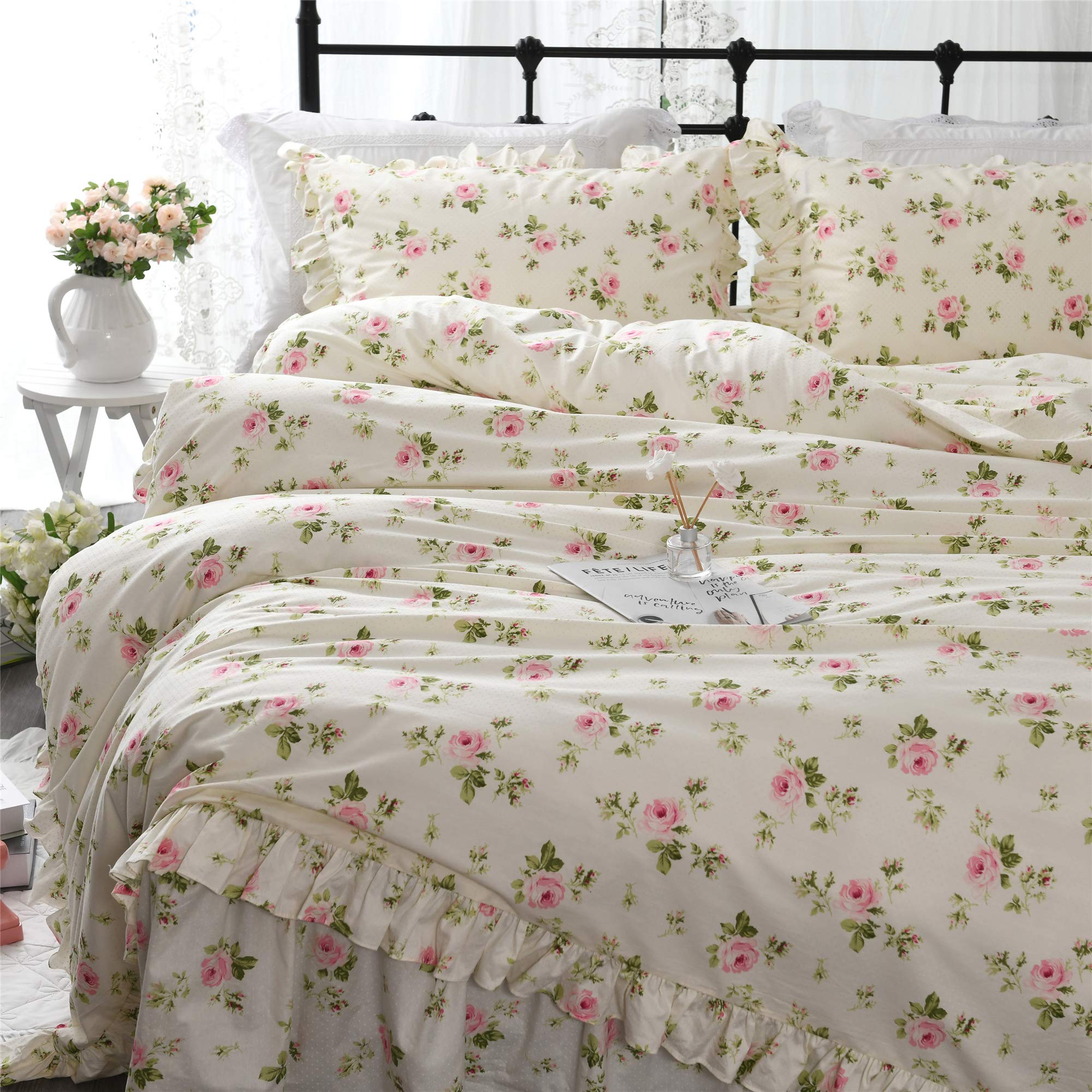 ABREEZE Ruffle Duvet Cover Set Twin Size - Shabby Chic Floral Bedding 3 Piece Set in Beige & Rose | French Country Farmhouse Style for Girls' Room & Guest Bedroom Decor