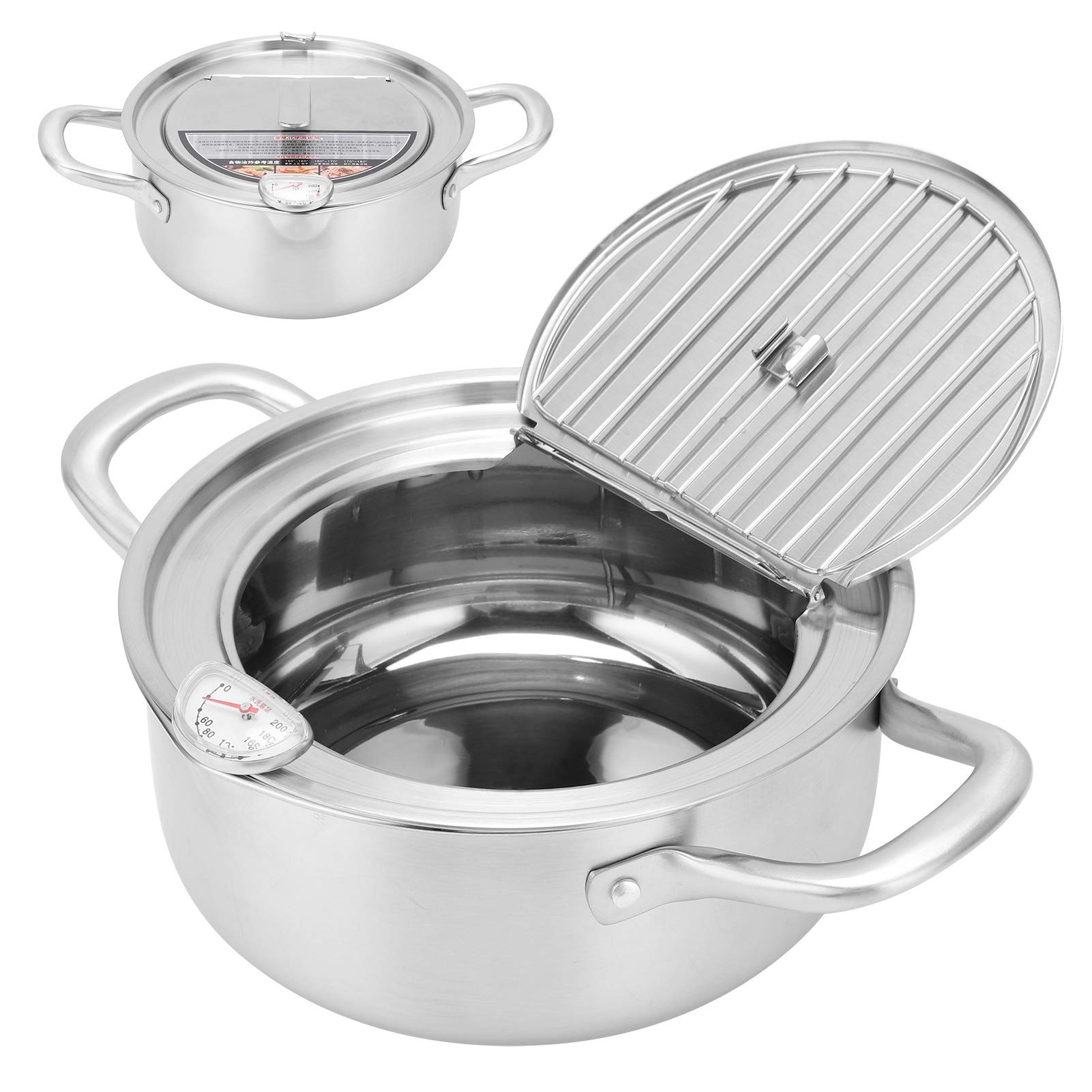 Watris Veiyi 20cm Stainless Steel Tempura Fryer Pot - 304 Stainless Steel Deep Fryer with Fahrenheit Thermometer Lid for Japanese Tempura, Home Kitchen Cooking | Perfect for Small Batch Frying, Appetizer Preparation & Asian Cuisine