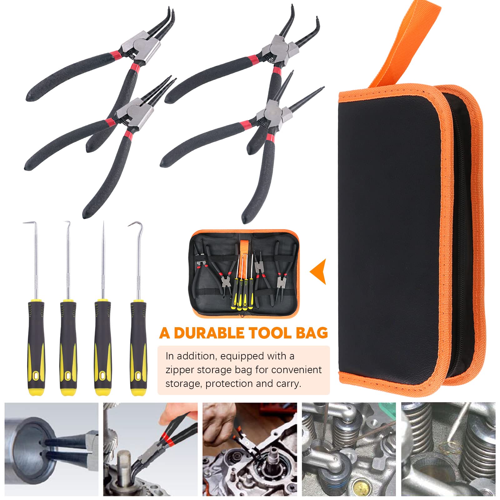 8Pcs Heavy Duty Snap Ring Pliers Set - 7 Inch Internal & External Circlip Pliers with Straight/Bent Jaws for Automotive, Machinery & DIY Repairs - Ideal for Retaining Ring Removal and Maintenance Tasks