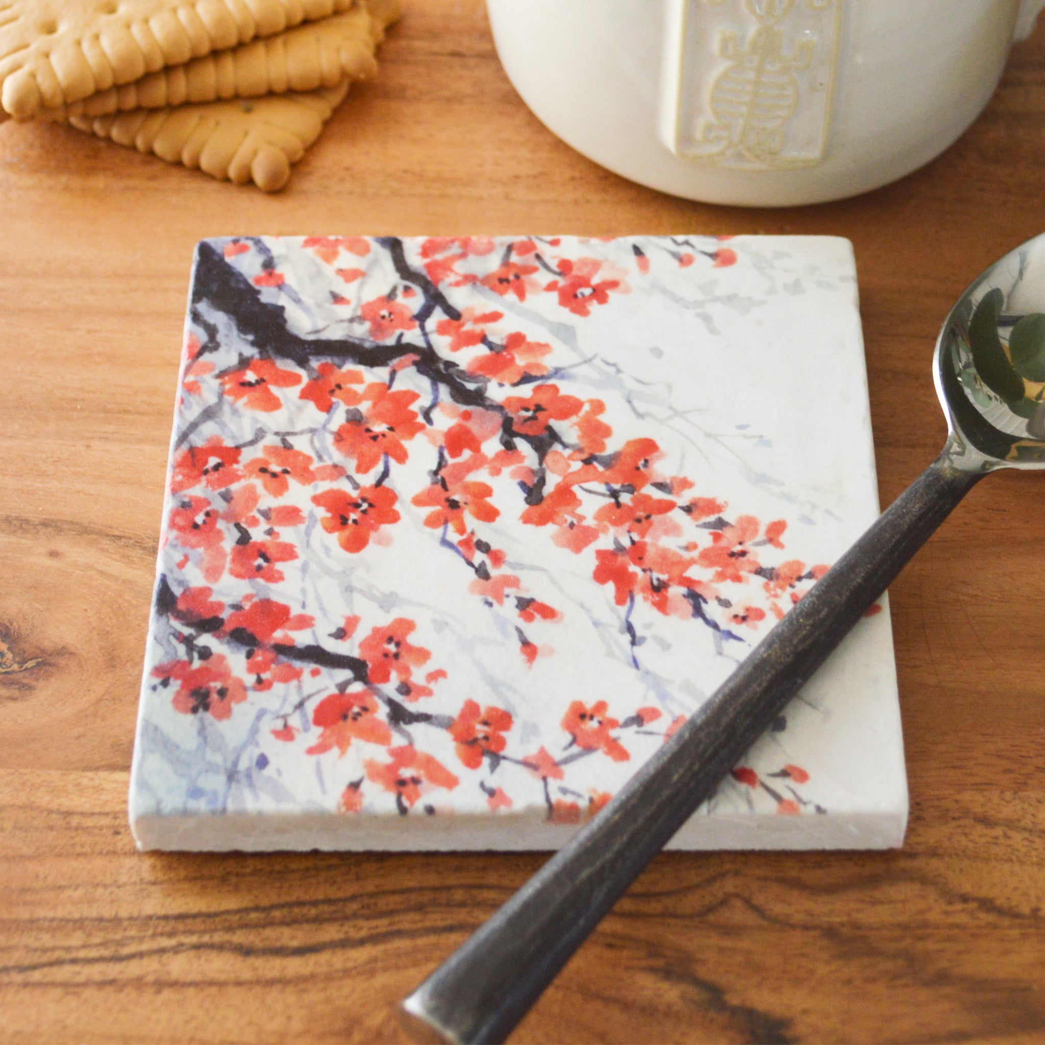 Cherry Blossom Tile Coaster Set of 4 - Japanese Floral Ceramic Drink Coasters for Coffee Table, Home Decor - Perfect for Tea Cups, Wine Glasses & Hot Beverages
