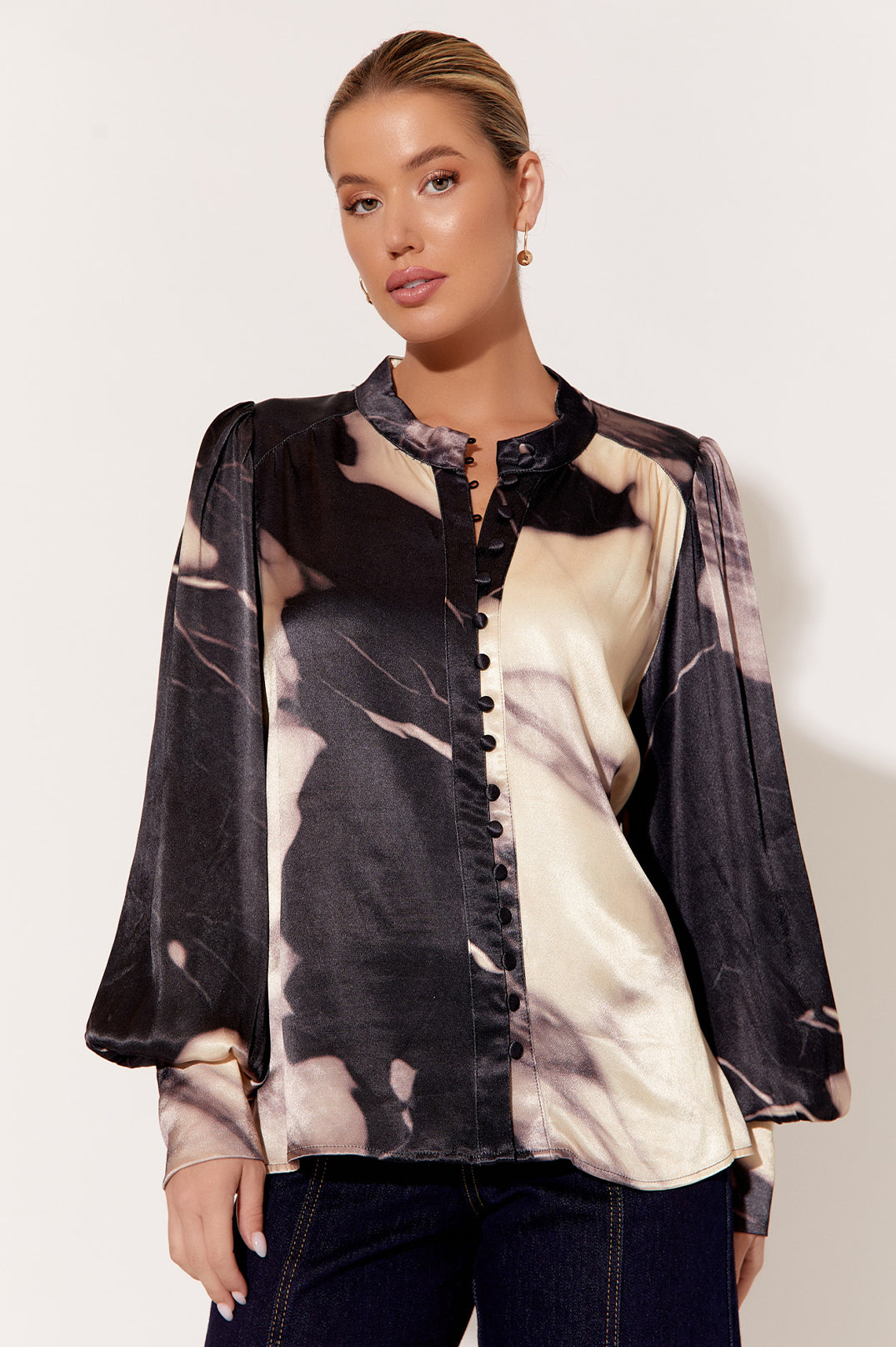 Adorne Samantha Marble Print Satin Blouse for Women - Elegant Long Sleeve Button Down Shirt for Office, Party & Special Occasions