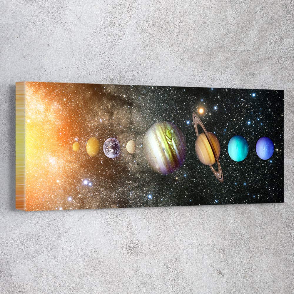 Premium Solar System Space Panoramic Canvas Wall Art - Astronomy Planets Decor for Home & Office - Ready to Hang - Made in USA (36L x 16W) - Perfect for Living Room, Bedroom, Classroom & Space Theme Decor