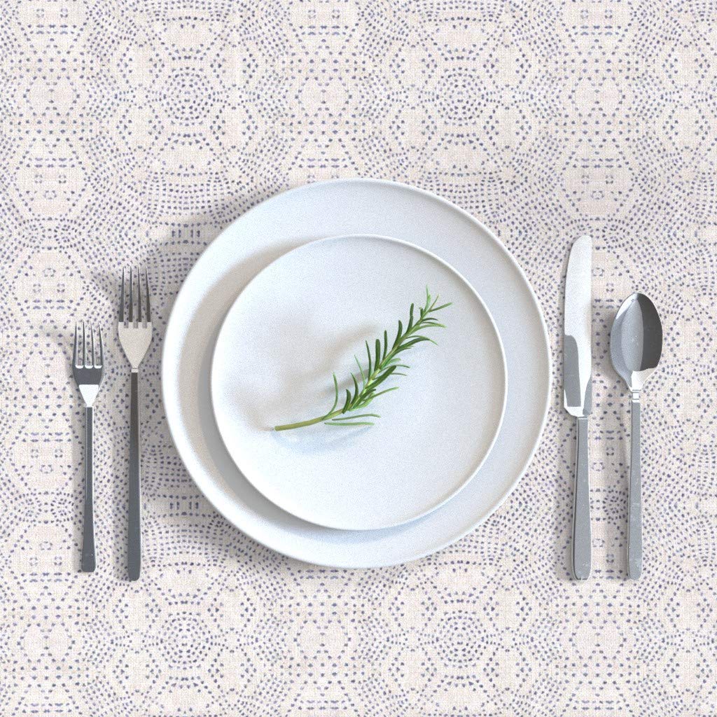 Premium Spoonflower Cotton Sateen Tablecloth 70x108 Inches - French Mosaic Dot Abstract Boho Blue & White Farmhouse Chic Modern Geometric Minimalist Dots Mud Cloth Print Custom Table Linens for Dining Room, Kitchen, and Outdoor Entertaining