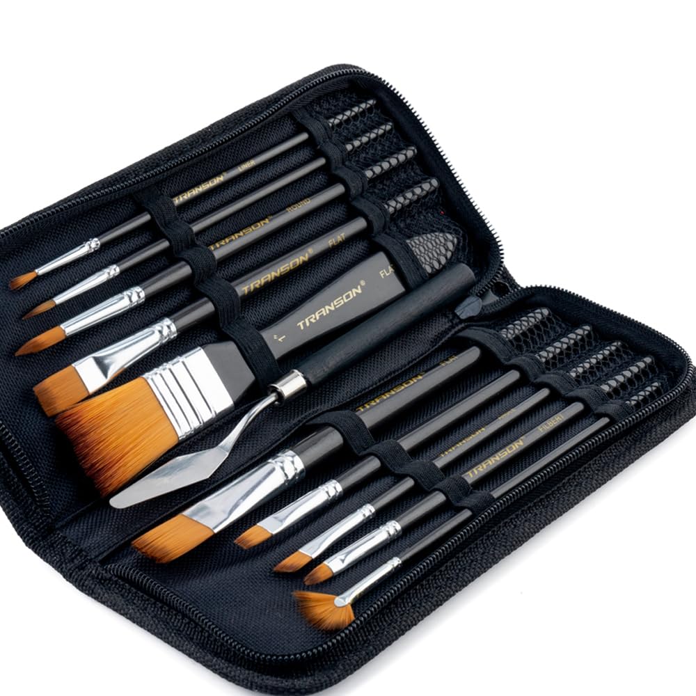 Premium Transon 10-Piece Paint Brush Set with Bonus Spatula & Storage Case - Perfect for Acrylic, Oil, Watercolor Painting & DIY Art Projects
