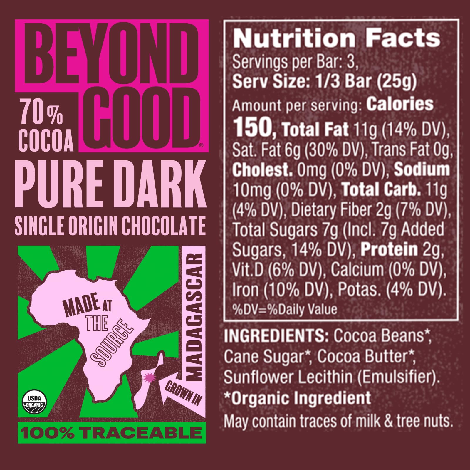 Beyond Good Organic Dark Chocolate Bars 6-Pack | 70% Single Origin Madagascar Heirloom Cocoa | Vegan, Kosher, Non-GMO, Direct Trade | Perfect for Gifts, Baking & Healthy Snacking