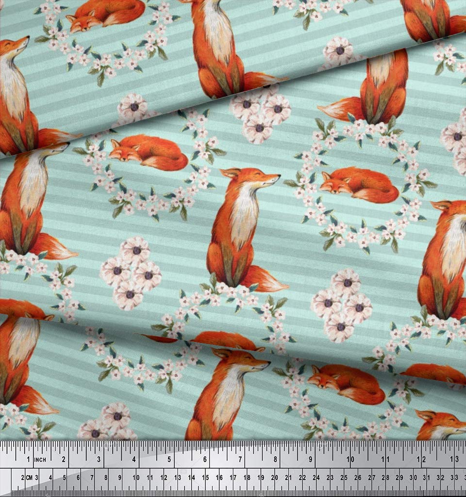 Soimoi Poly Georgette Green Fabric by The Yard - 42 Inch Wide Floral Wreath & Fox Stripe Printed Fabric - Whimsical Fox Accents - Perfect for DIY Dresses, Curtains, and Home Decor Projects