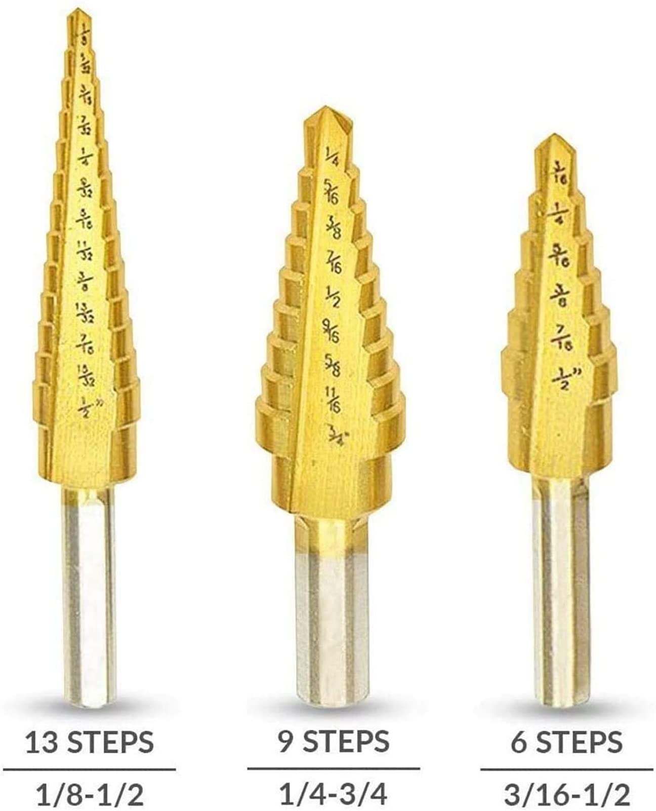 3-Piece HSS Titanium Coated Step Drill Bit Set for Metal & Wood - Tri-Flat Shank Power Tool Accessories - Perfect for DIY Projects, Home Repairs, and Professional Metalworking