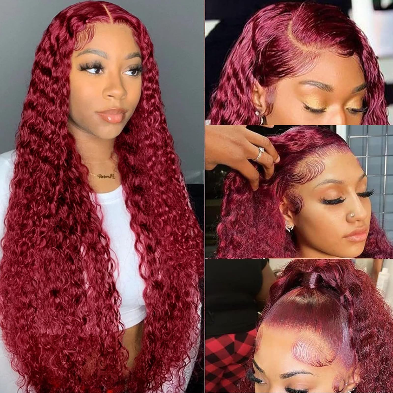 28 Inch Deep Wave Lace Front Wigs Human Hair - 13x4 Burgundy Pre Plucked 99J Lace Front Wig with 180% Density for Women | Natural Looking Curly Human Hair Wig for Daily Wear, Cosplay & Special Occasions