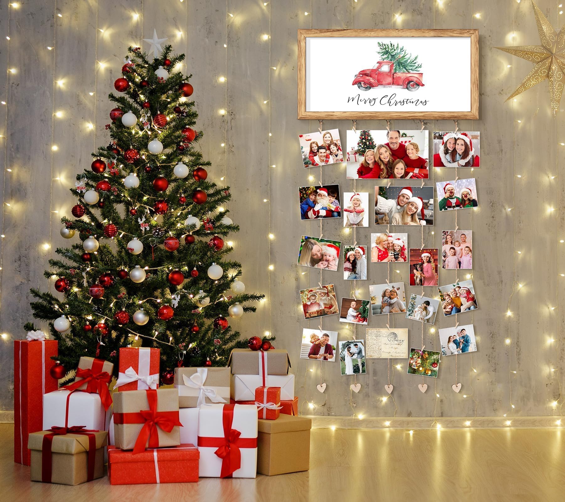 Wooden Christmas Card Holder Display - Wall Hanging Photo Clip Organizer for Holiday Greeting Cards | Merry Christmas Sign & Family Wall Decor | Perfect for Living Room, Bedroom, Entryway Decorations | Great Gift Idea for Christmas