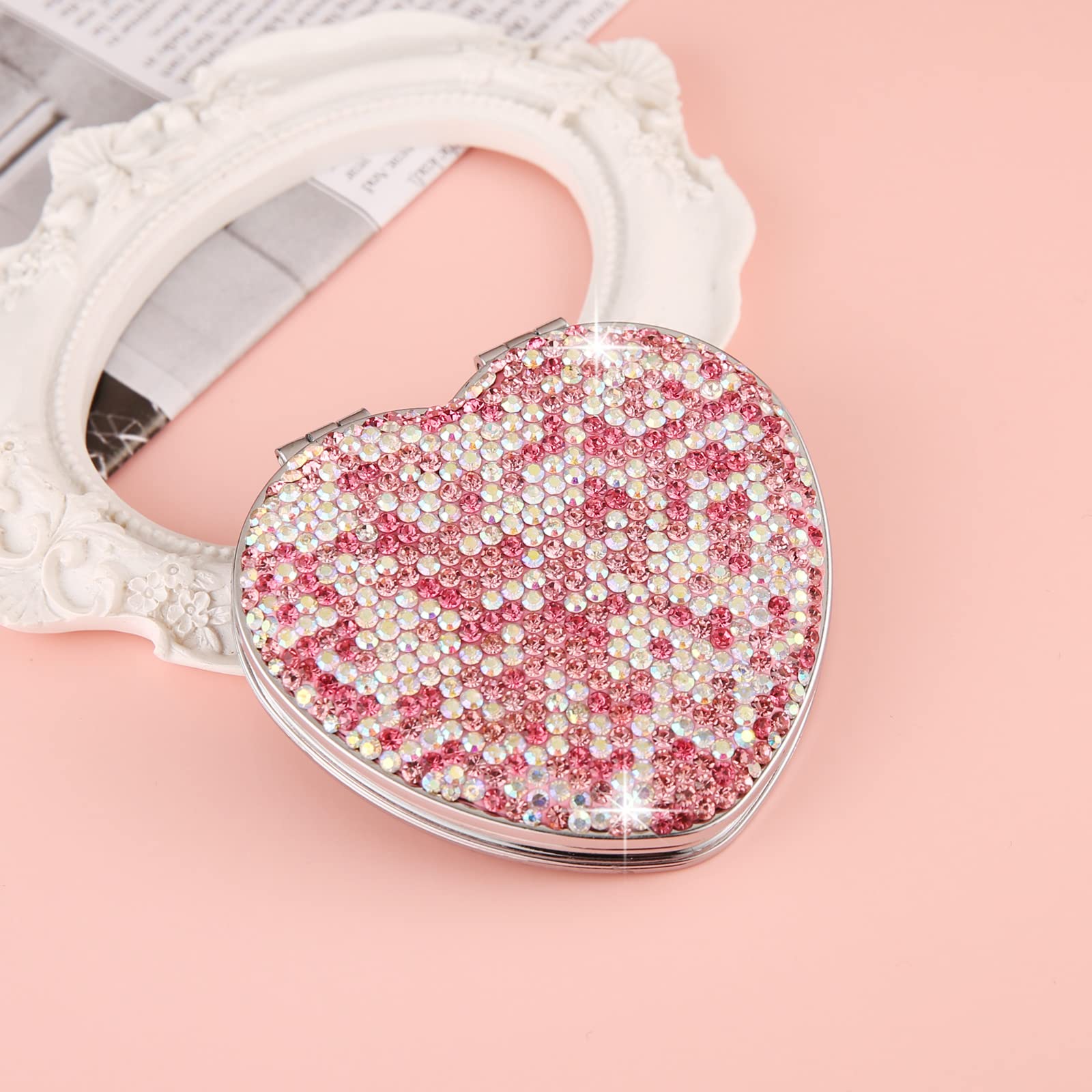 AsAlways Rhinestone Compact Pocket Mirror - Portable Travel Cosmetic Mirror, Folding Handheld Double-Sided 1x/2x Magnifying Purse Mirror for Makeup (Pink) | Perfect for Travel, Home & Office Use