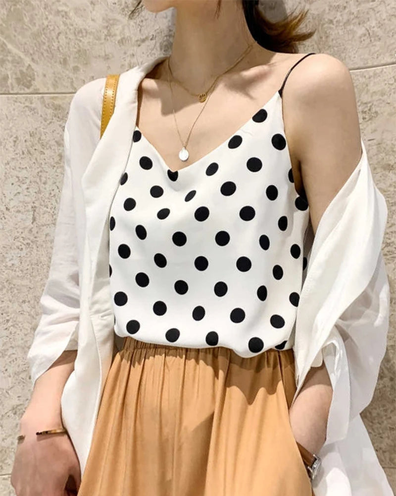 Polka Dot Silk Camisole for Women - Elegant Sleeveless Blouse for Summer, Party & Date Night | Soft Breathable Fabric for Comfortable Wear