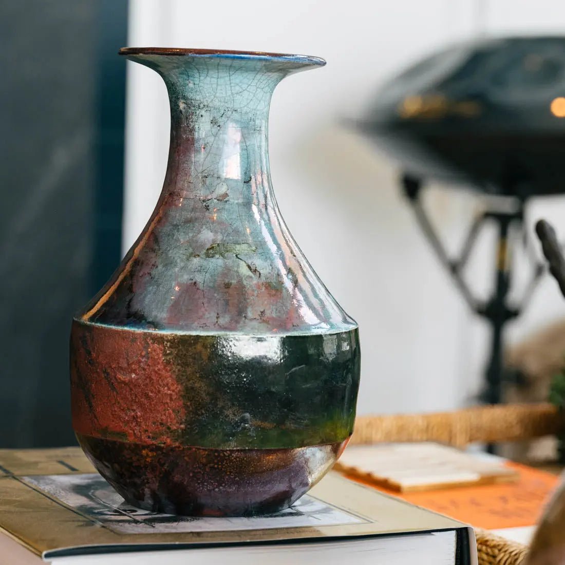Large Raku Decorative Pot - Turquoise, Copper & Green Ceramic Planter - Handcrafted Creative Collection for Home & Garden Decor