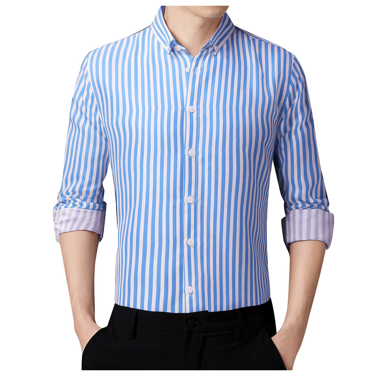 Men's Slim Fit Striped Long Sleeve Casual Shirt - Korean Style Lapel T-Shirt Pack - Perfect for Office, Dating & Daily Wear