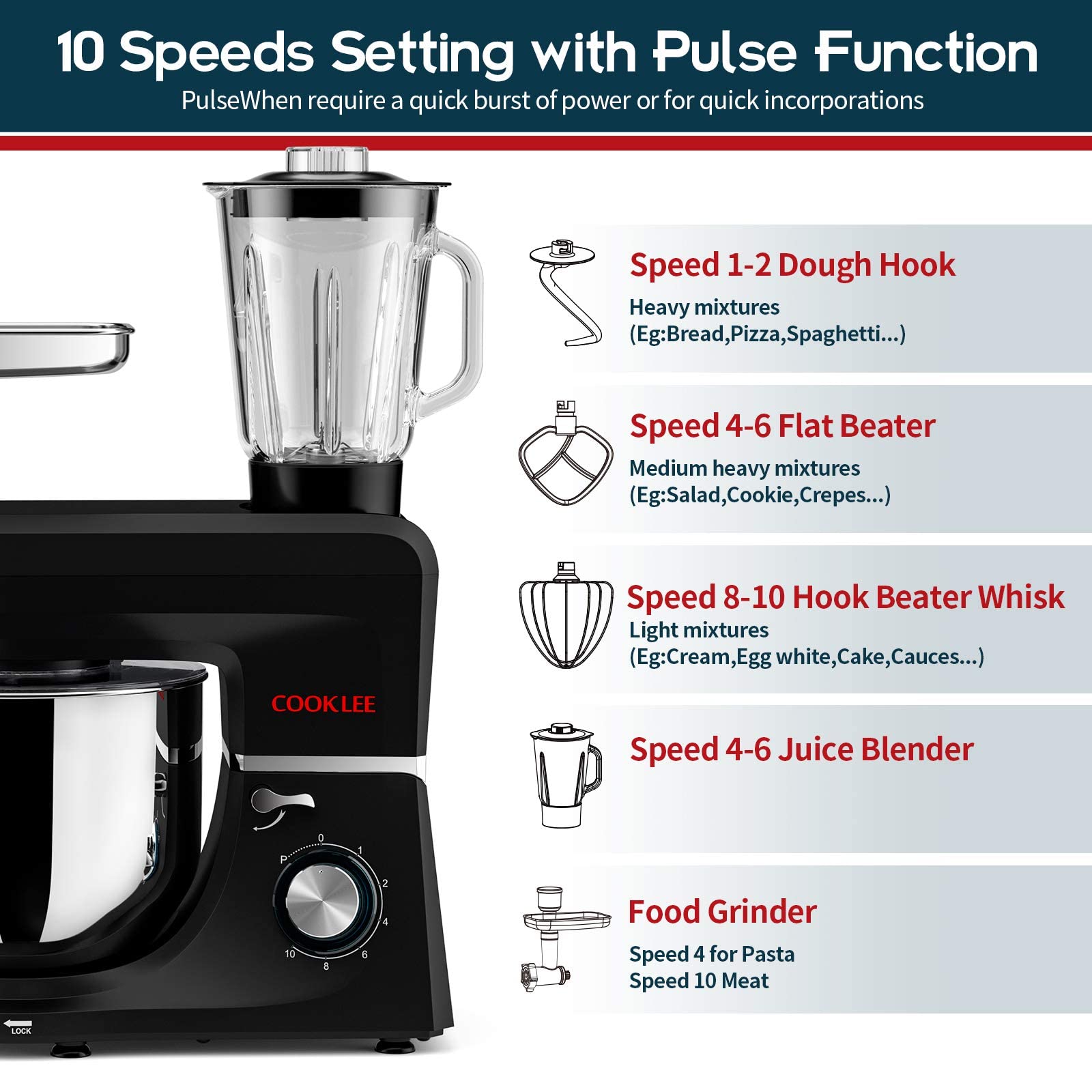 COOKLEE 6-in-1 Stand Mixer, 8.5 Qt. Powerful 800W Electric Kitchen Mixer with 9 Attachments - Dough Hook, Whisk & More - Perfect for Baking Bread, Cakes, Cookies & Pizza Dough - Ideal for Home Bakers & Professional Chefs (Black, SM-1507BM)