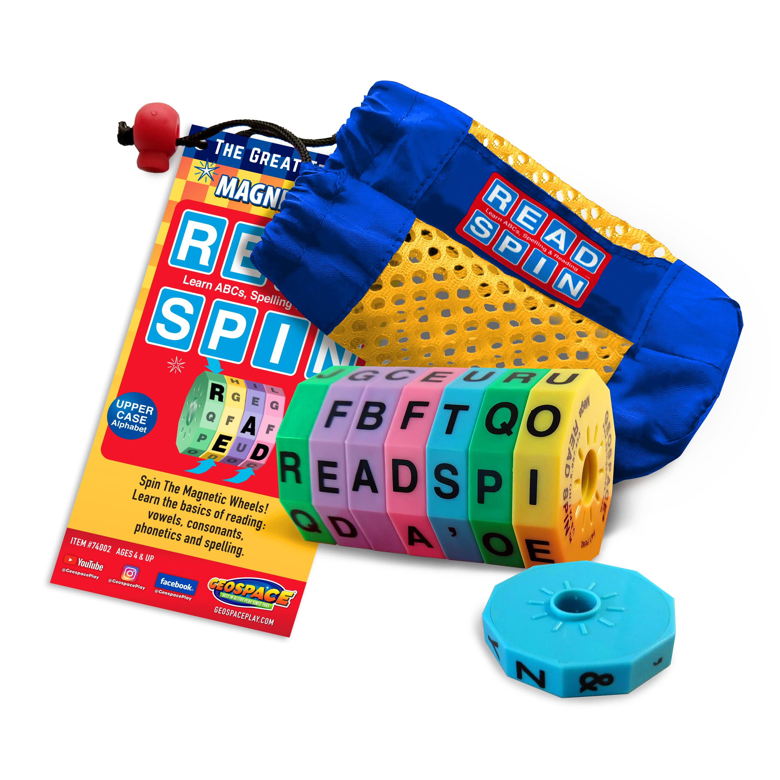 Geospace Read Spin Education Game for Kids – Magnetic Spelling Game with Storage Pouch (Upper Case Letters) – Perfect for Home & Classroom Learning