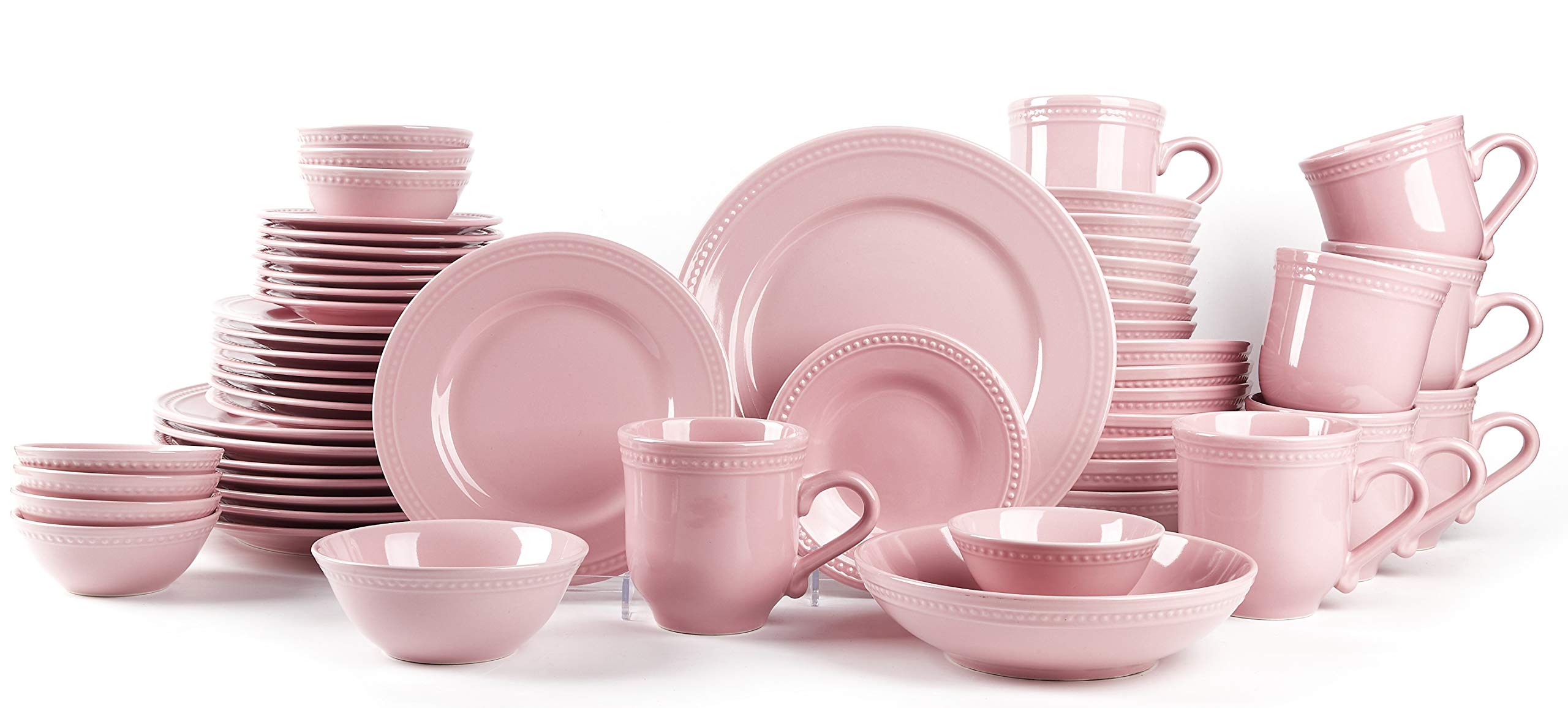 Premium Pearl Dots Stoneware Dinnerware Set - 56 Piece Dinnerware Set in Elegant Pink | Perfect for Family Dinners, Dinner Parties & Holiday Gatherings