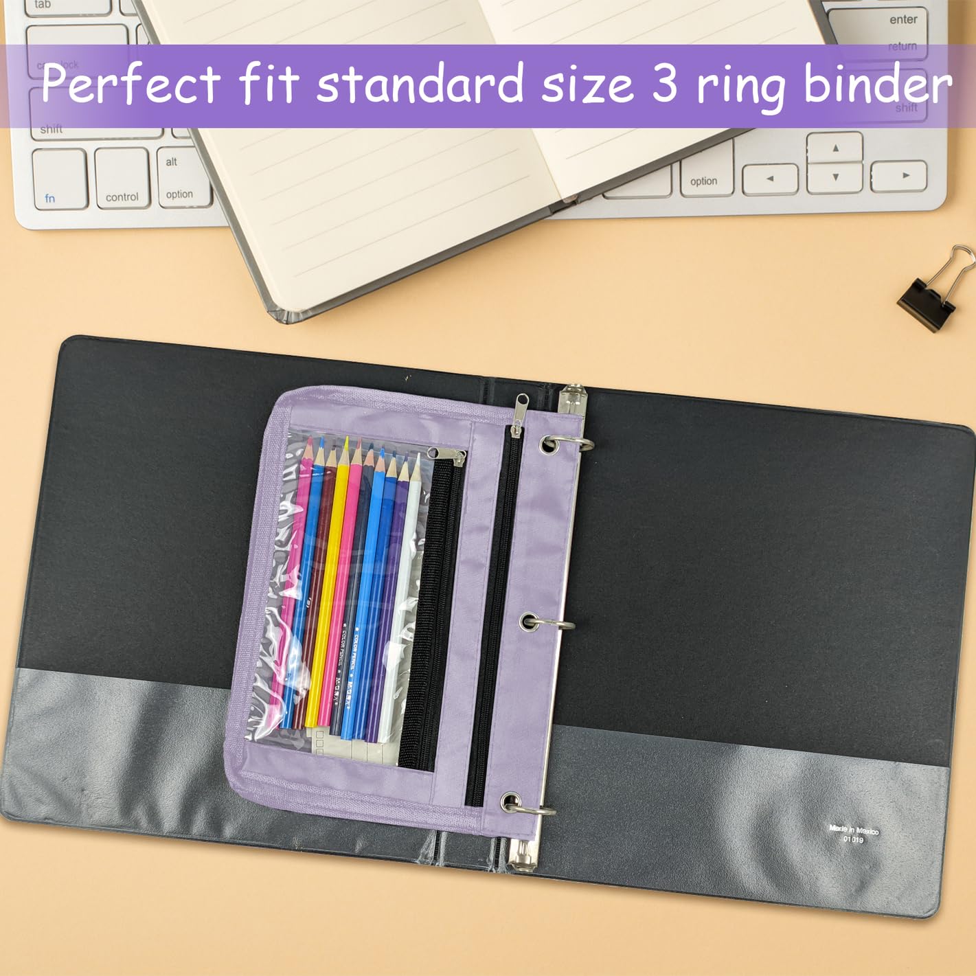 YoeeJob 1 Pack Expandable Zipper Pencil Pouch for 3 Ring Binder - Large Capacity Clear Window Pen Holder Case for School, Office & Classroom Organization (Lavender) - Perfect for Students, Teachers & Professionals to Organize Supplies